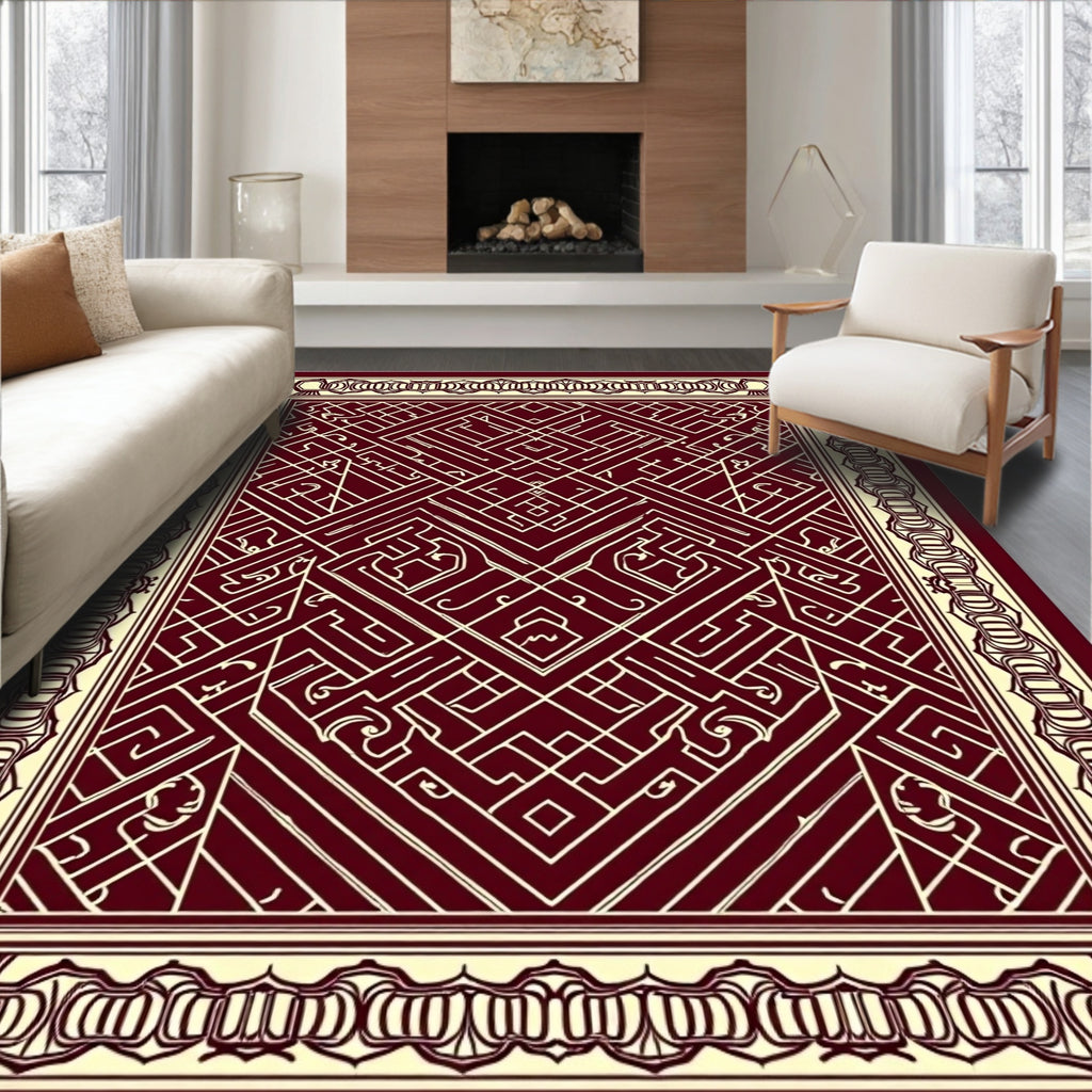 Crimson White Geometric Labyrinth Border Rug