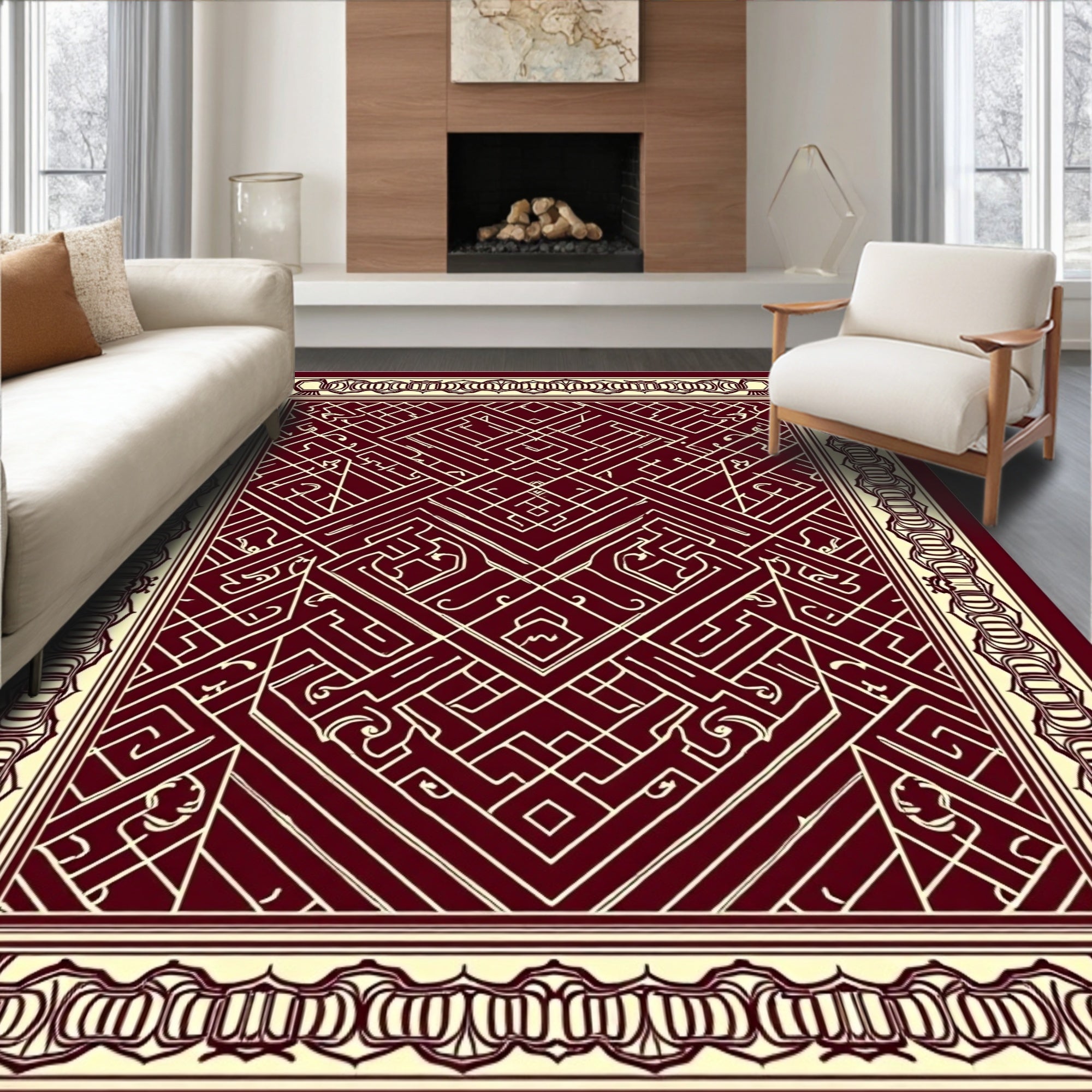 Crimson White Geometric Labyrinth Border Rug