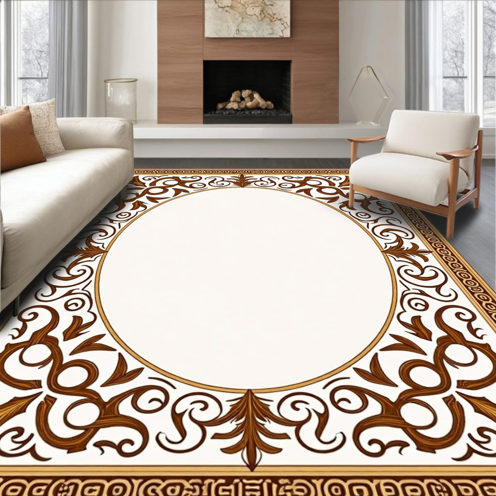Rich Brown Scrollwork Oval Frame Rug