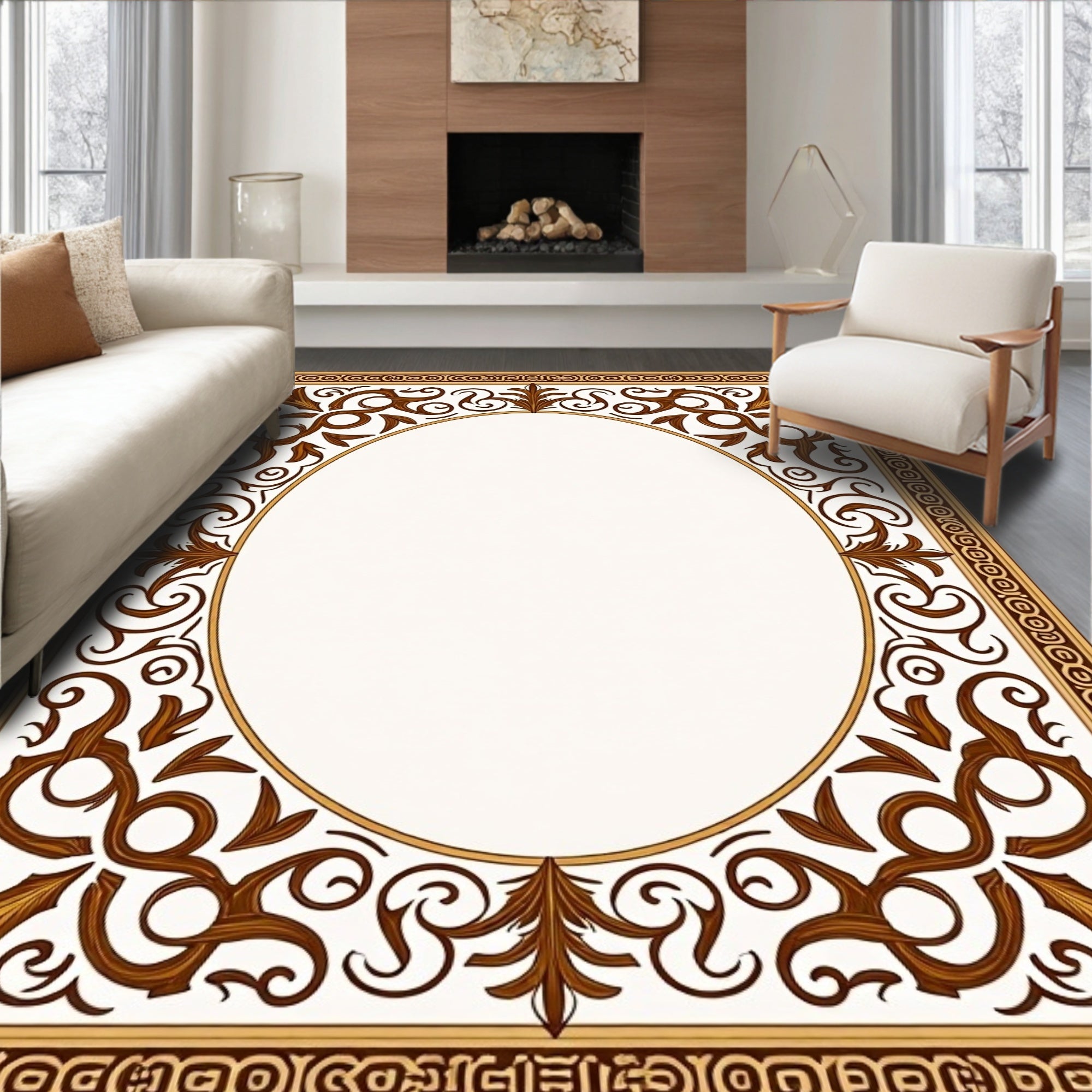 Rich Brown Scrollwork Oval Frame Rug