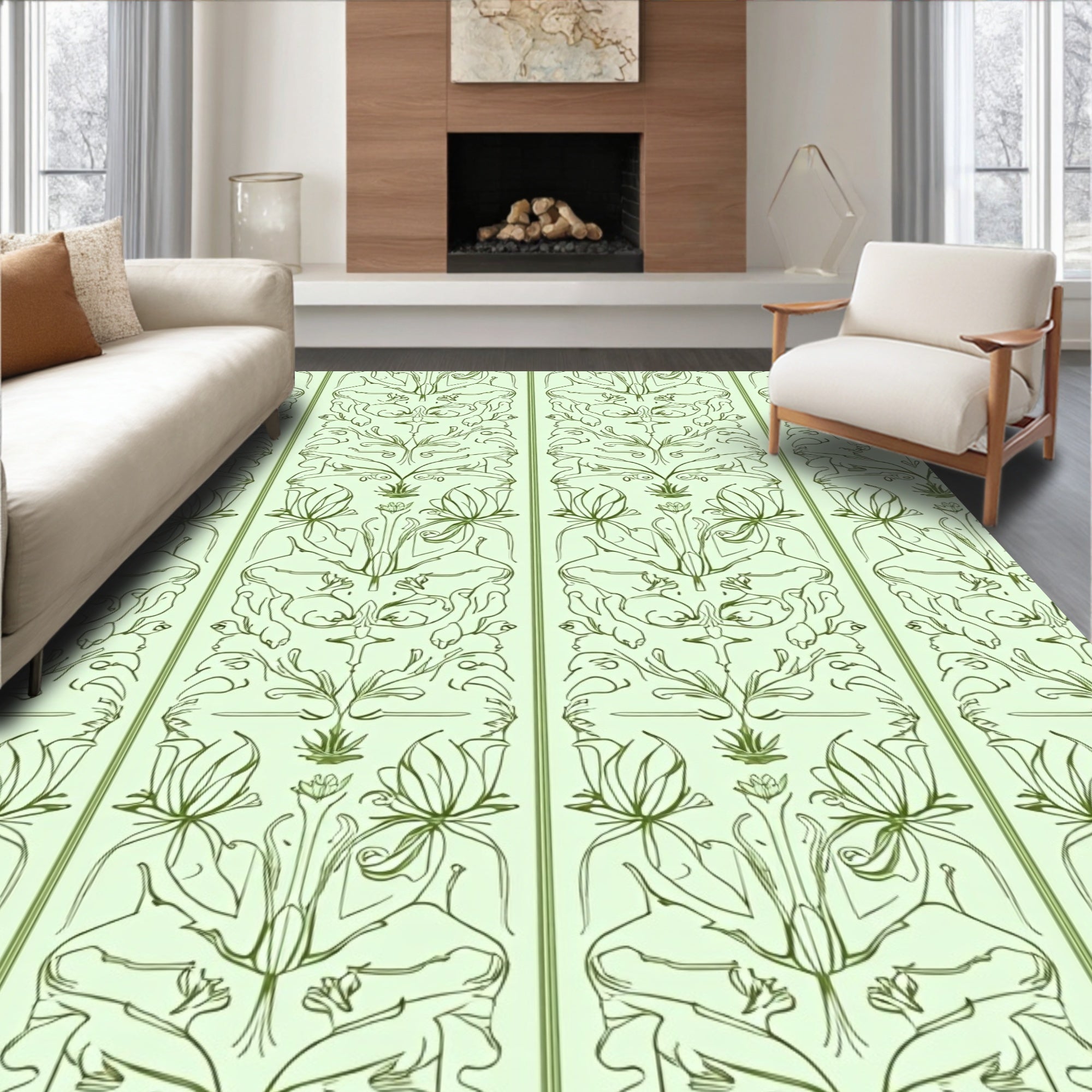 Emerald Green Floral Art Nouveau Rug