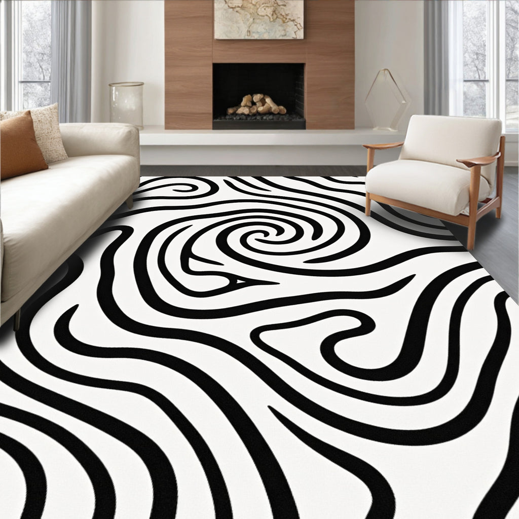 Bold Black Swirl Abstract Rug