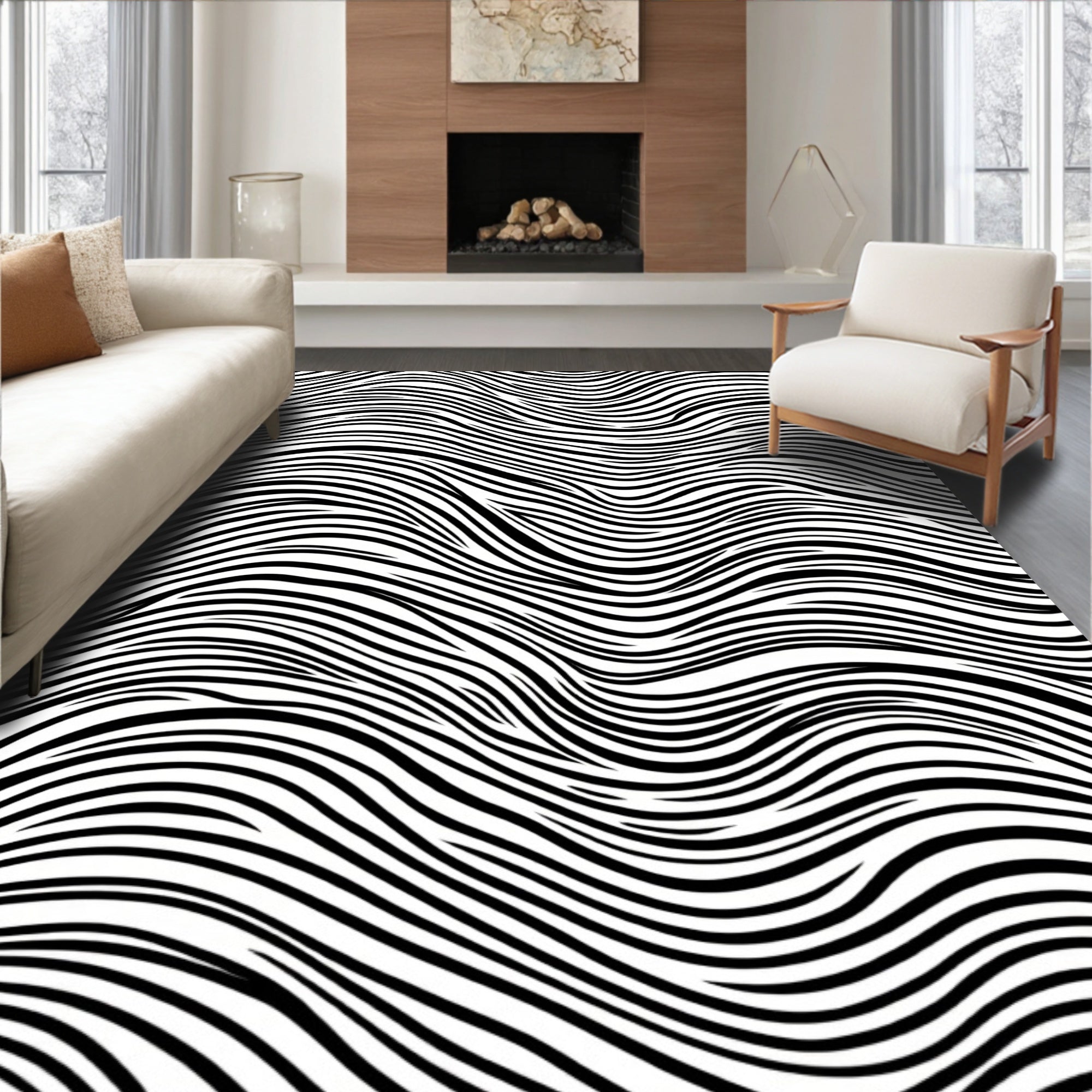 Black White Wavy Stripes Rug