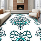 Teal And White Contemporary Damask Rug
