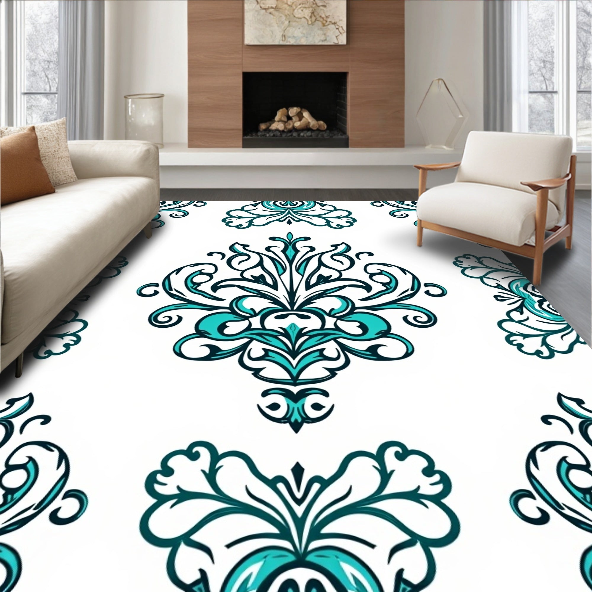 Teal And White Contemporary Damask Rug