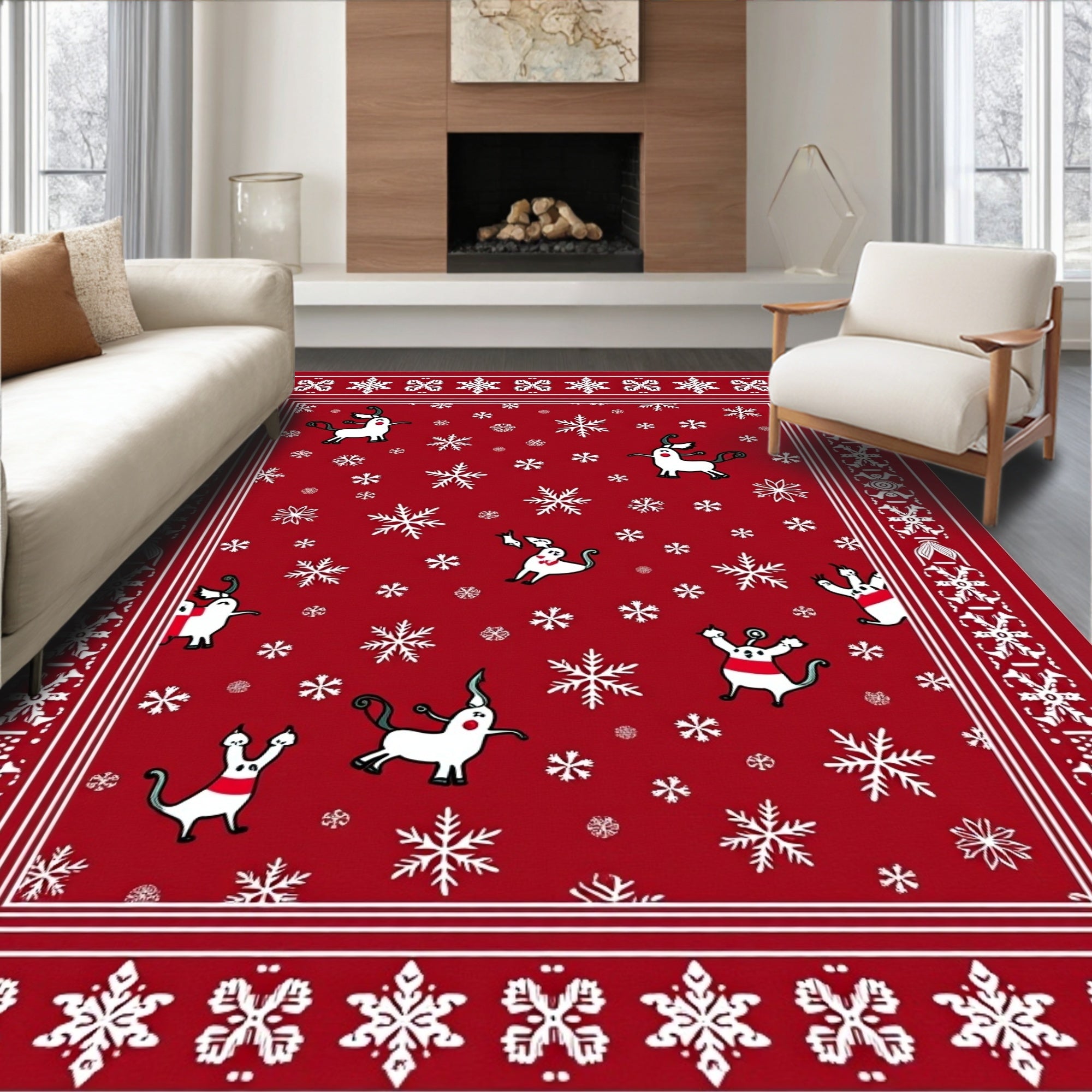 Crimson Snowflakes and Whimsical Creatures Rug