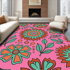 Whimsical Pink Floral Sunburst Rug