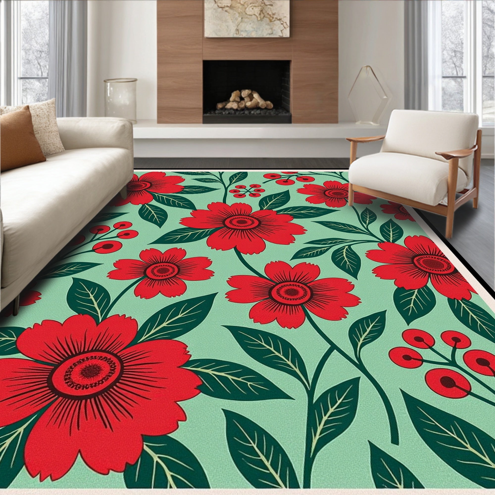 Vibrant Red Floral Berry Garden Rug