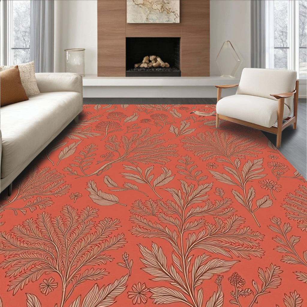 Terracotta Red Botanical Bird Garden Rug