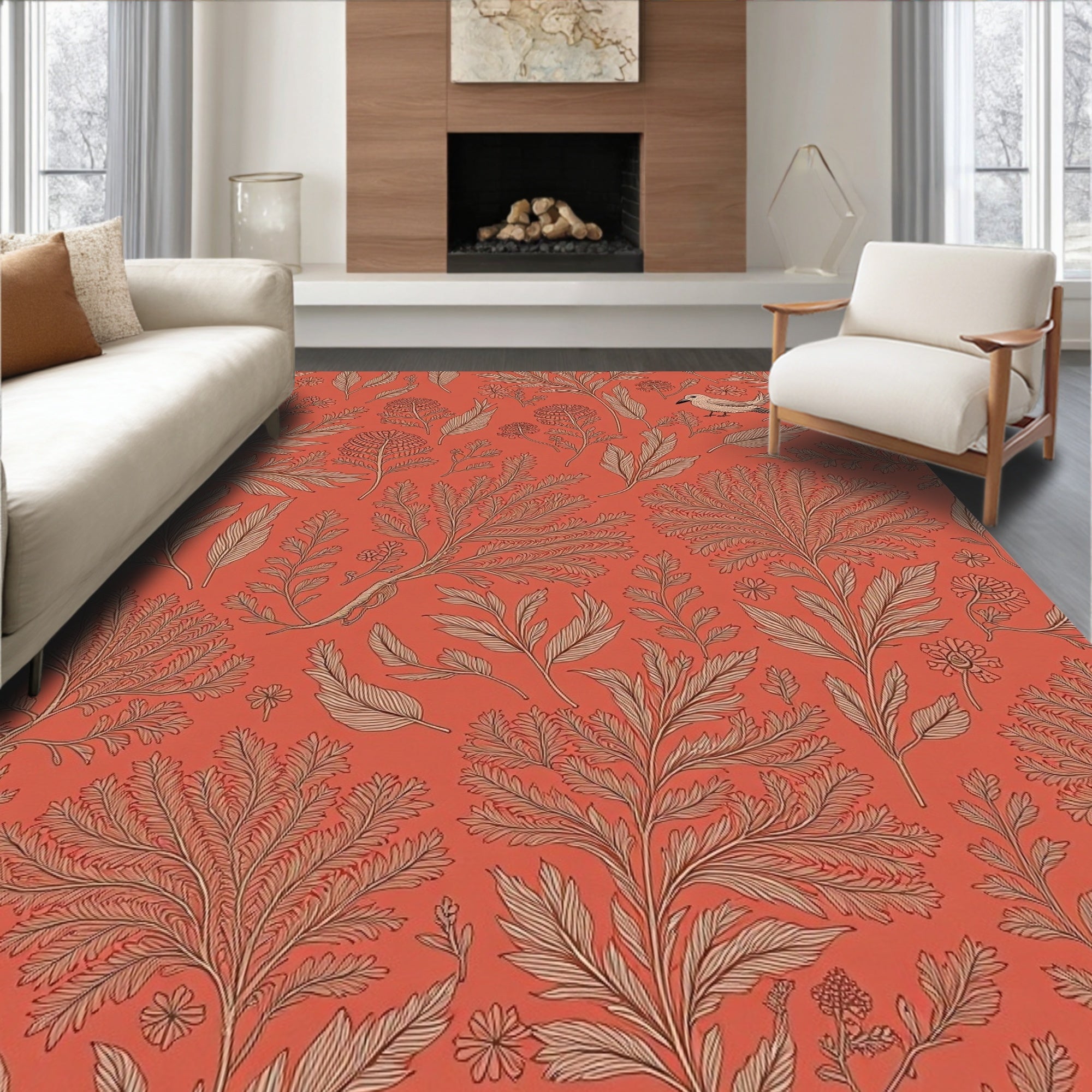 Terracotta Red Botanical Bird Garden Rug