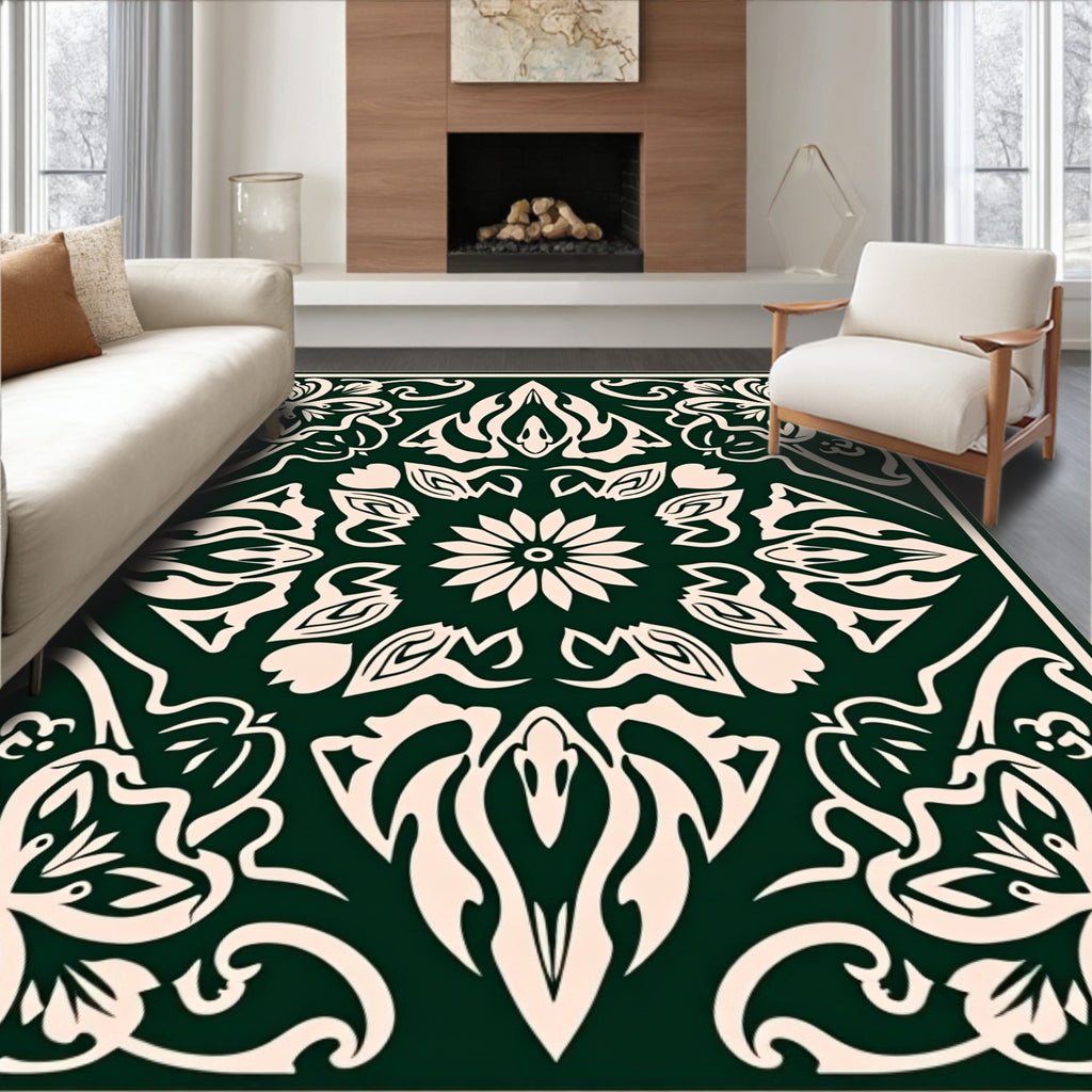 Forest Green Elaborate Floral Scroll Rug