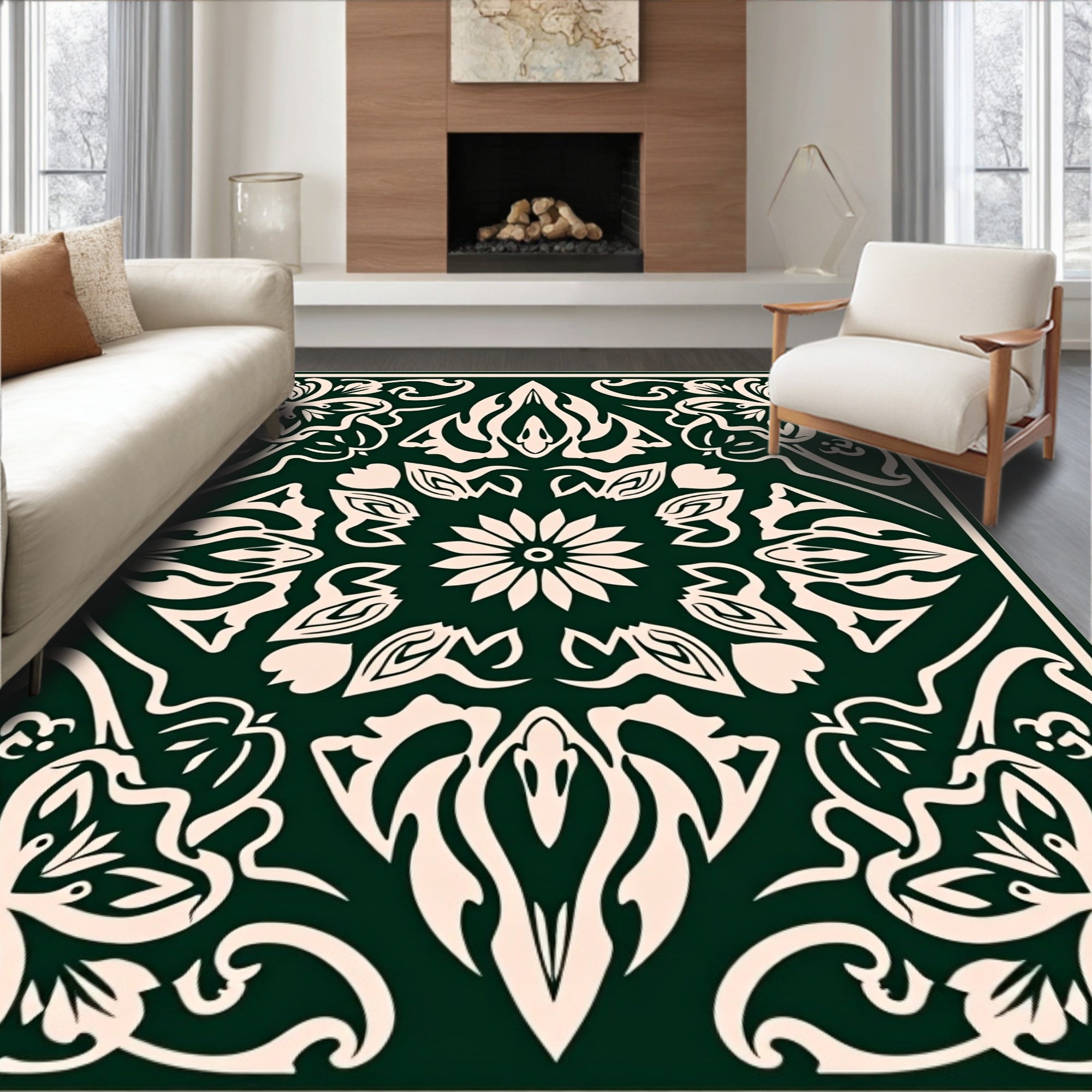 Forest Green Elaborate Floral Scroll Rug