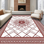 Crimson Sunburst Geometric Border Rug