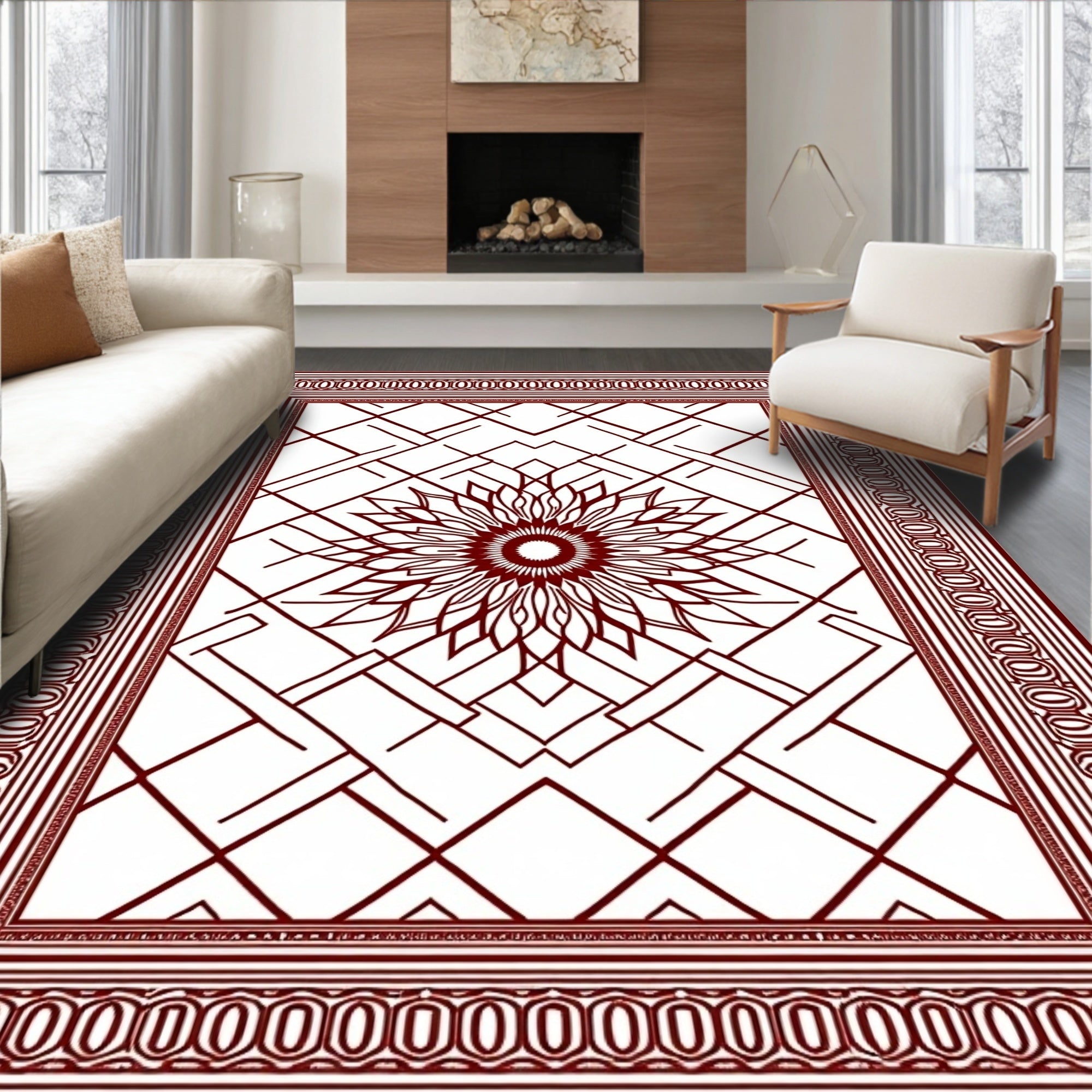 Crimson Sunburst Geometric Border Rug