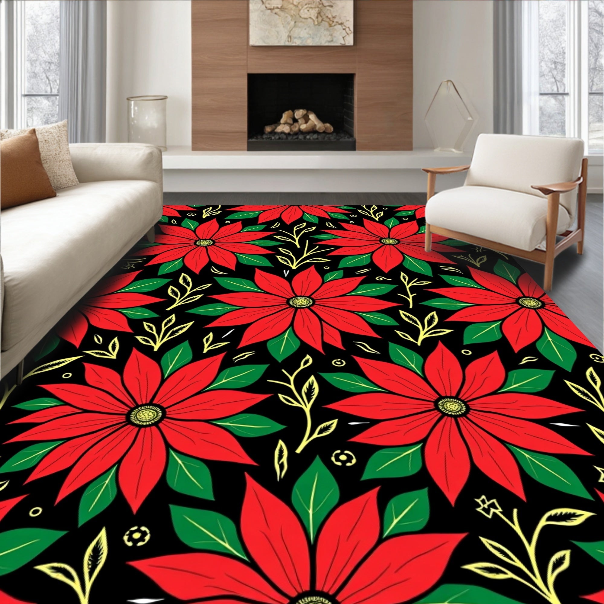 Festive Red Poinsettia Christmas Floral Rug