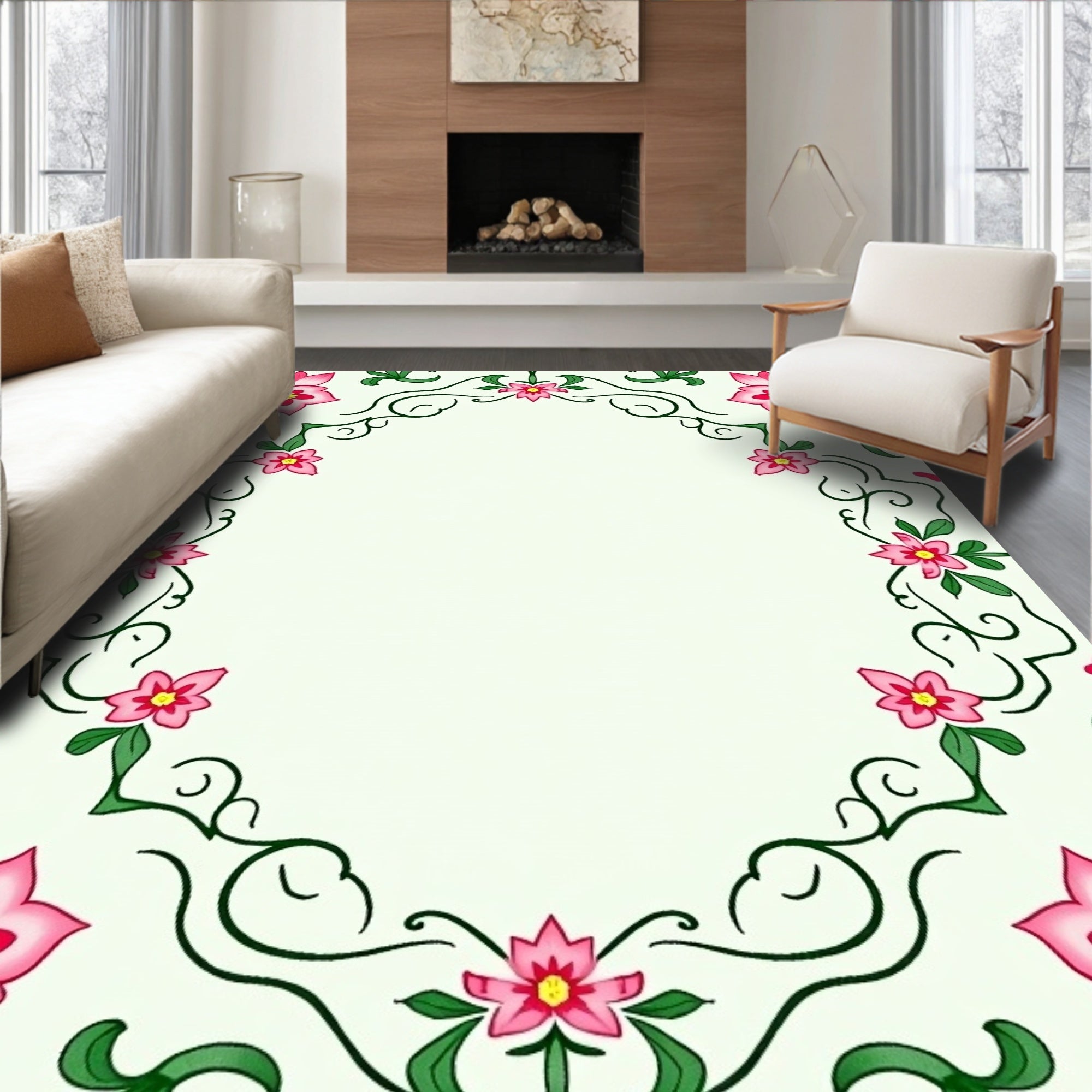 Whimsical Pink Floral Vine Border Rug