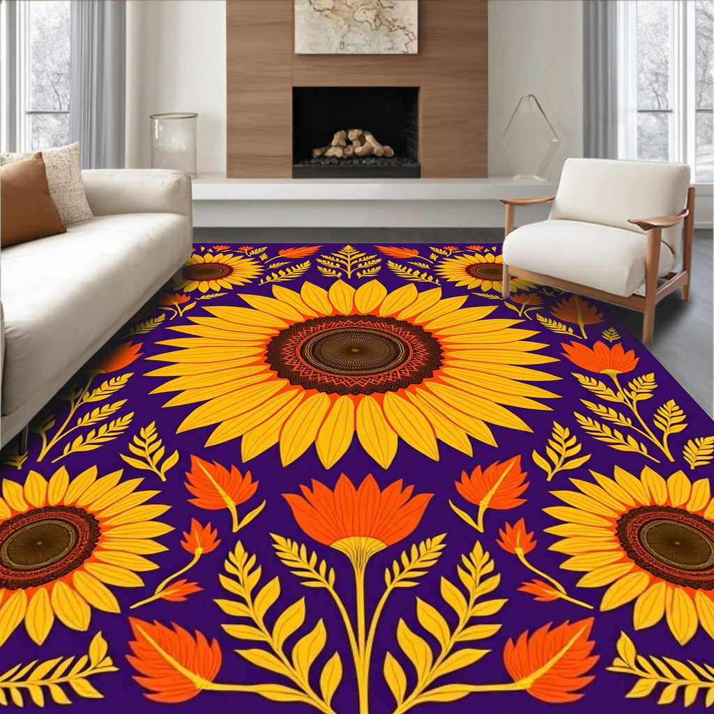 Vibrant Sunflower Folk Art Floral Rug