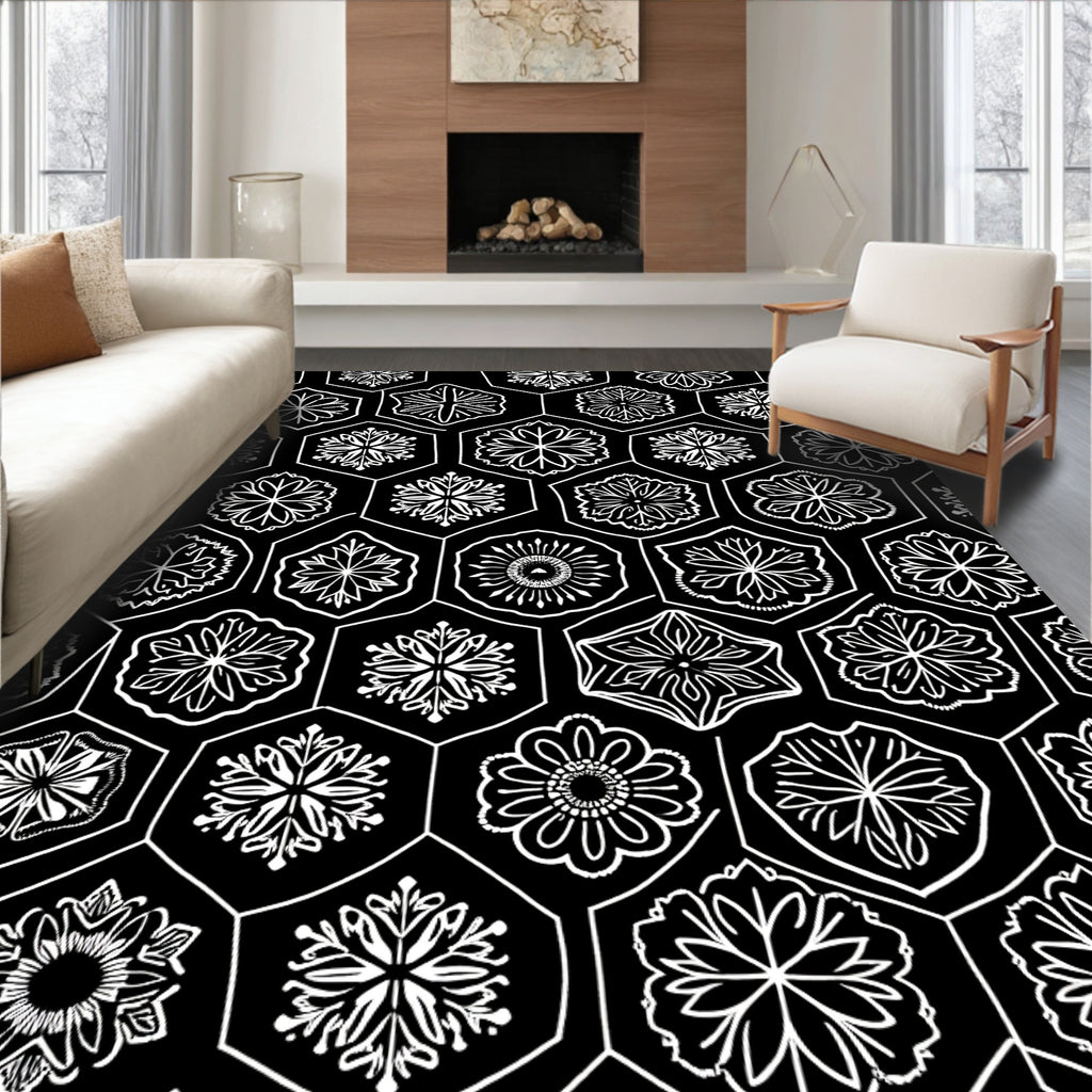Black White Floral Hexagon Repeat Rug