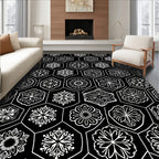 Black White Floral Hexagon Repeat Rug