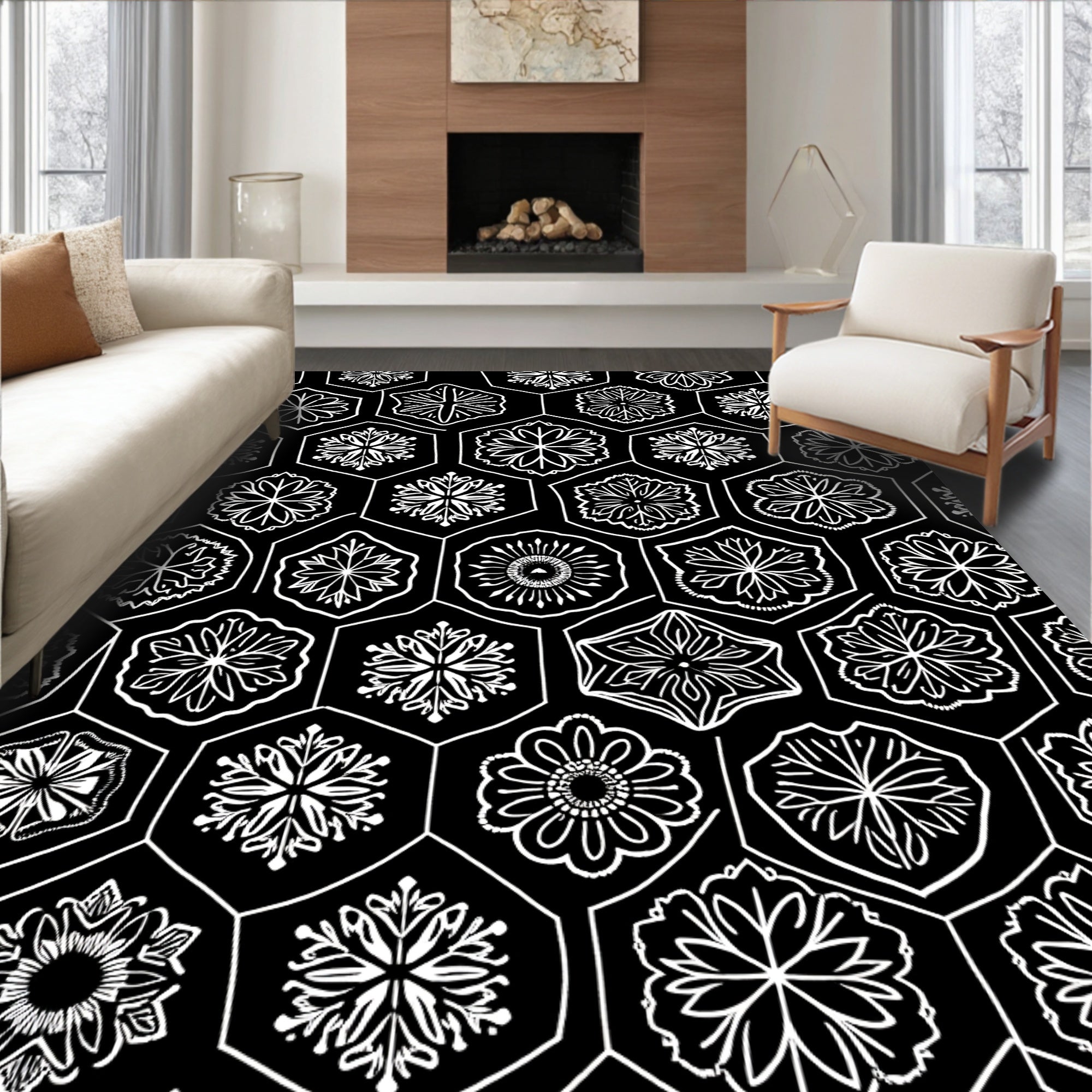 Black White Floral Hexagon Repeat Rug