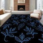 Bright Blue Leafy Branches On Black Rug