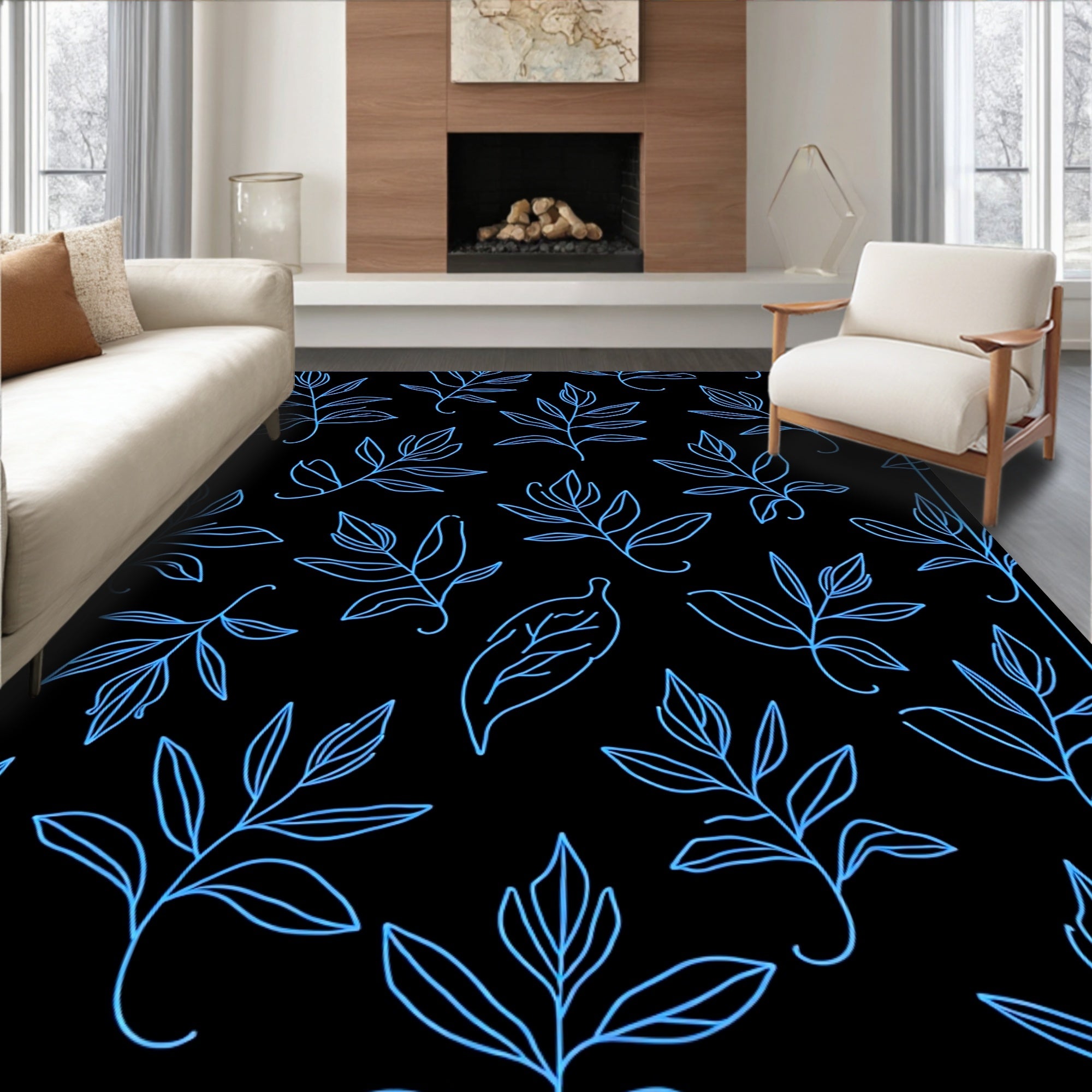 Bright Blue Leafy Branches On Black Rug
