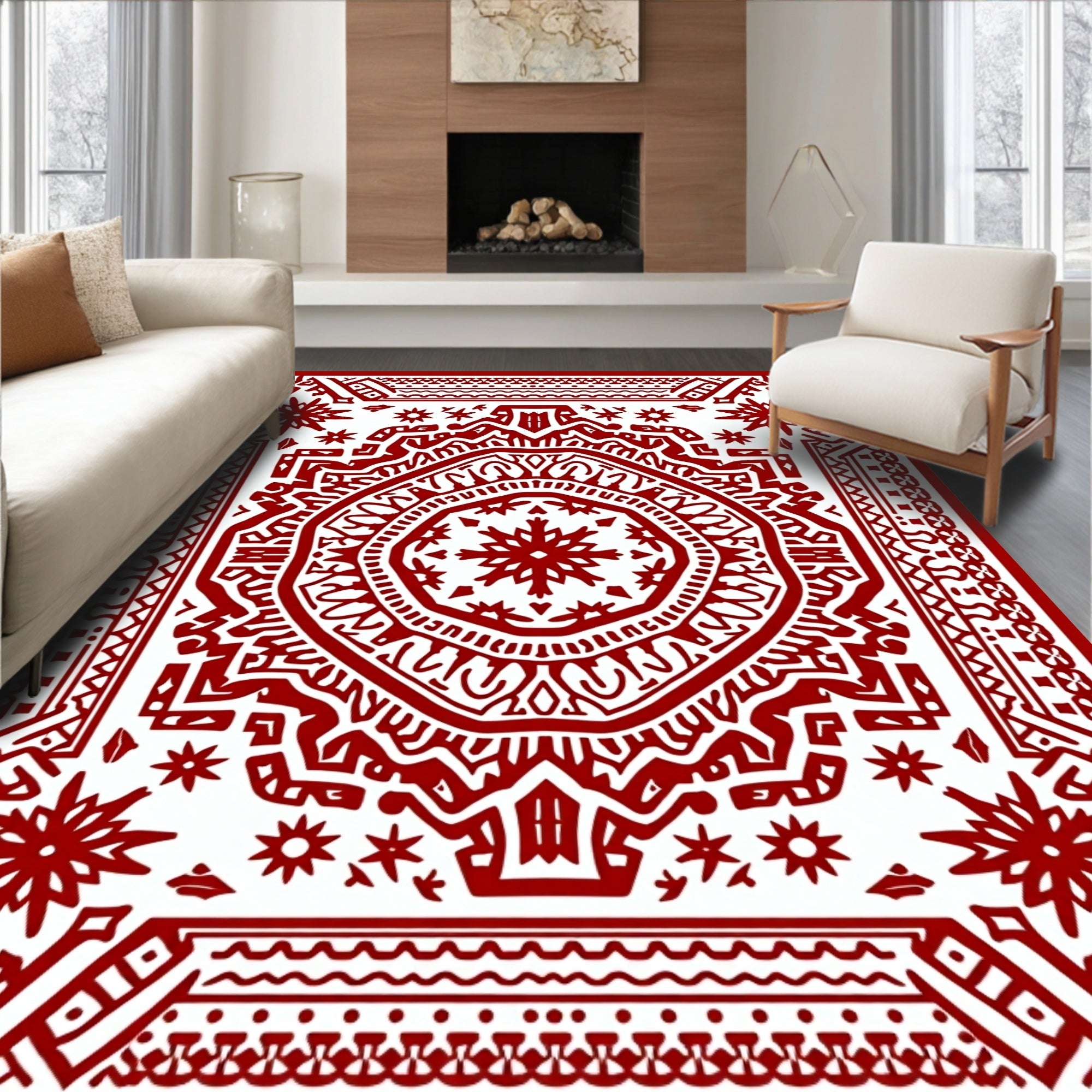 Vibrant Crimson Mandala Statement Rug