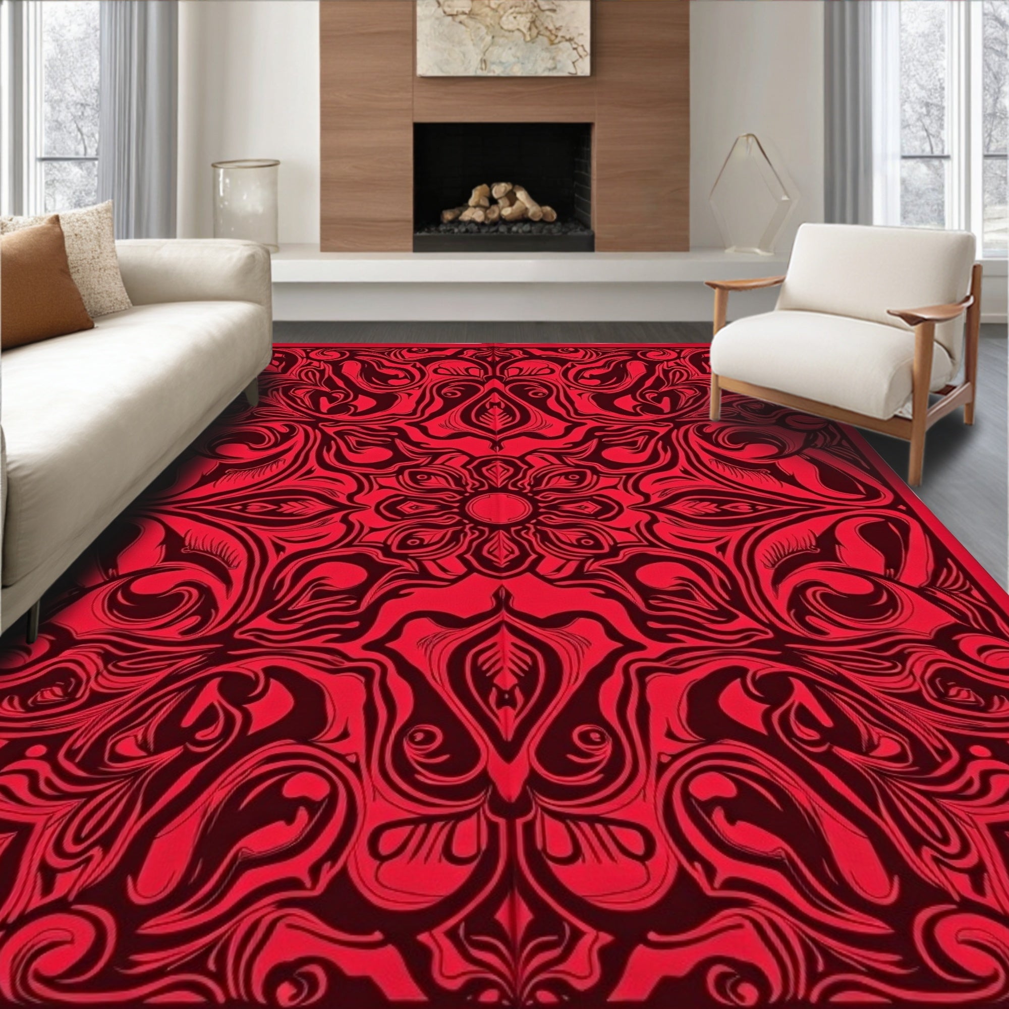 Bold Crimson Abstract Mandala Rug