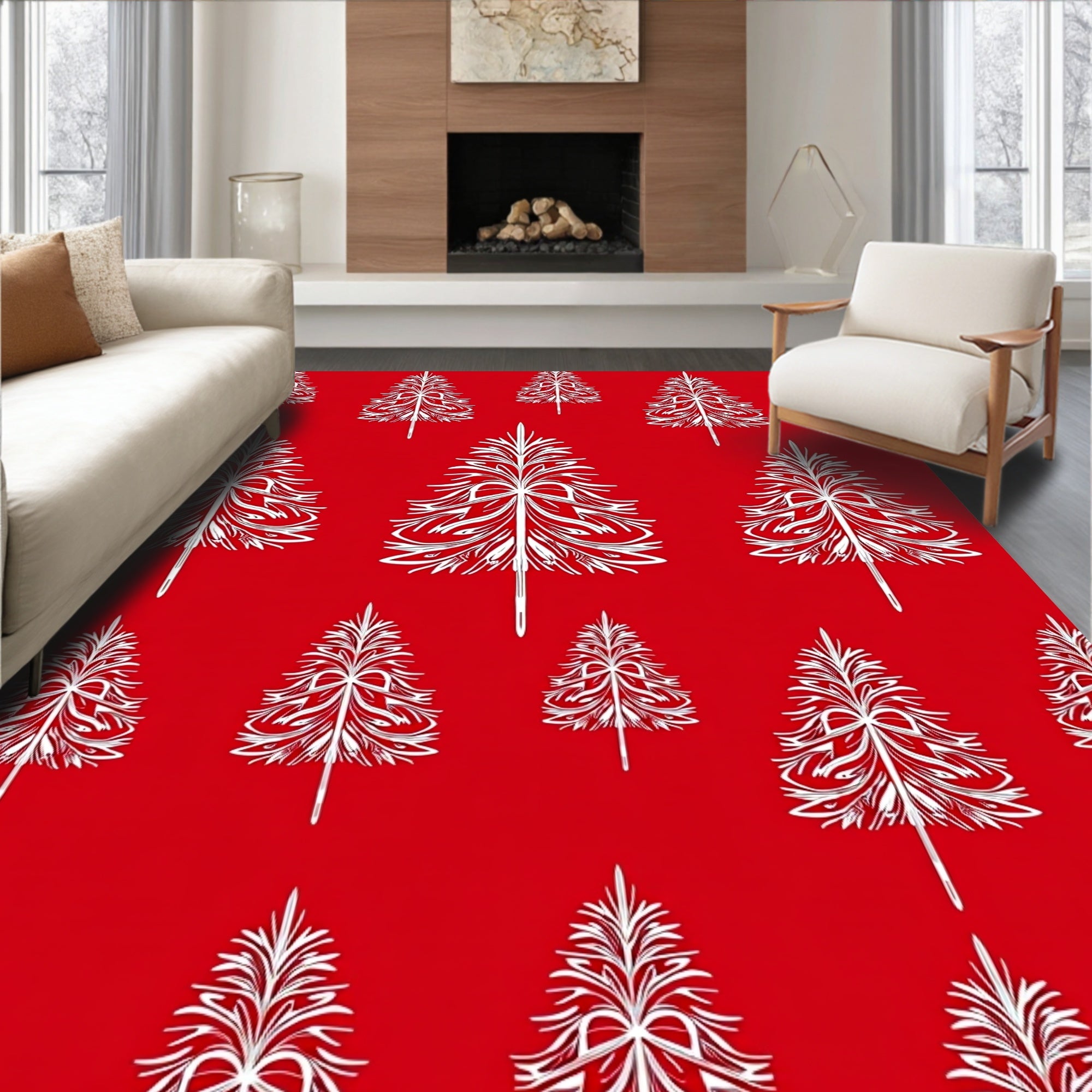 Crimson Stylized Tree Garland Rug