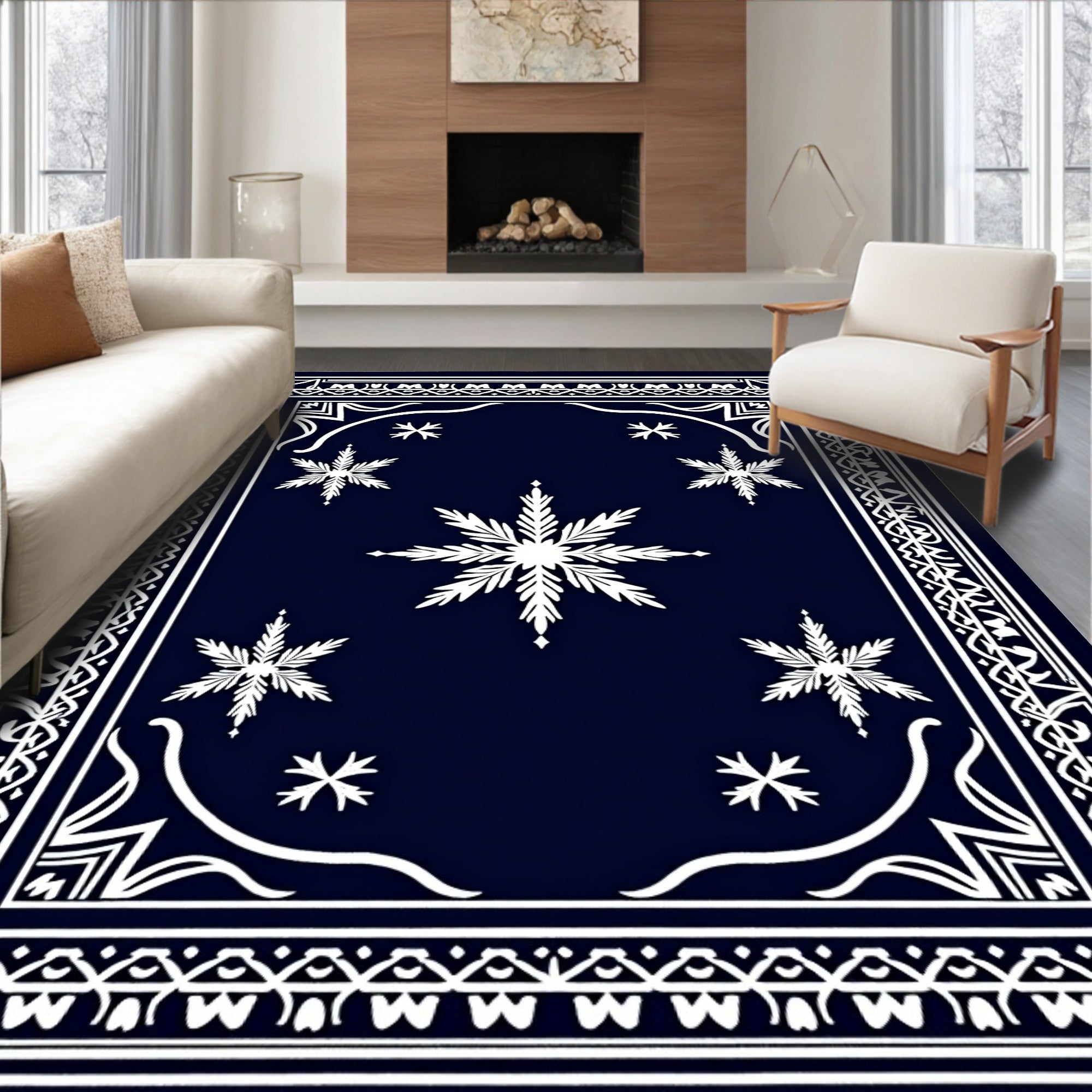 White Snowflake Navy Blue Border Rug