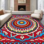 Vibrant Red Sunburst Mandala Rug