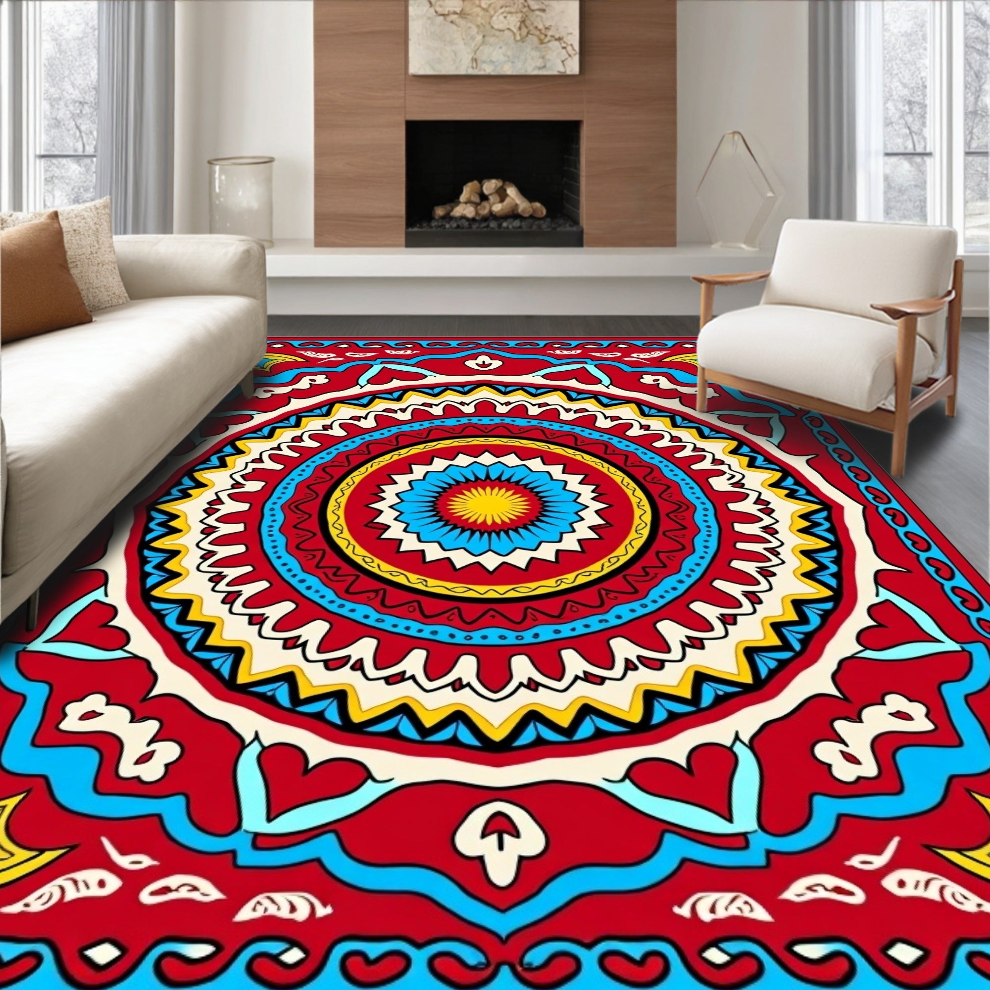 Vibrant Red Sunburst Mandala Rug