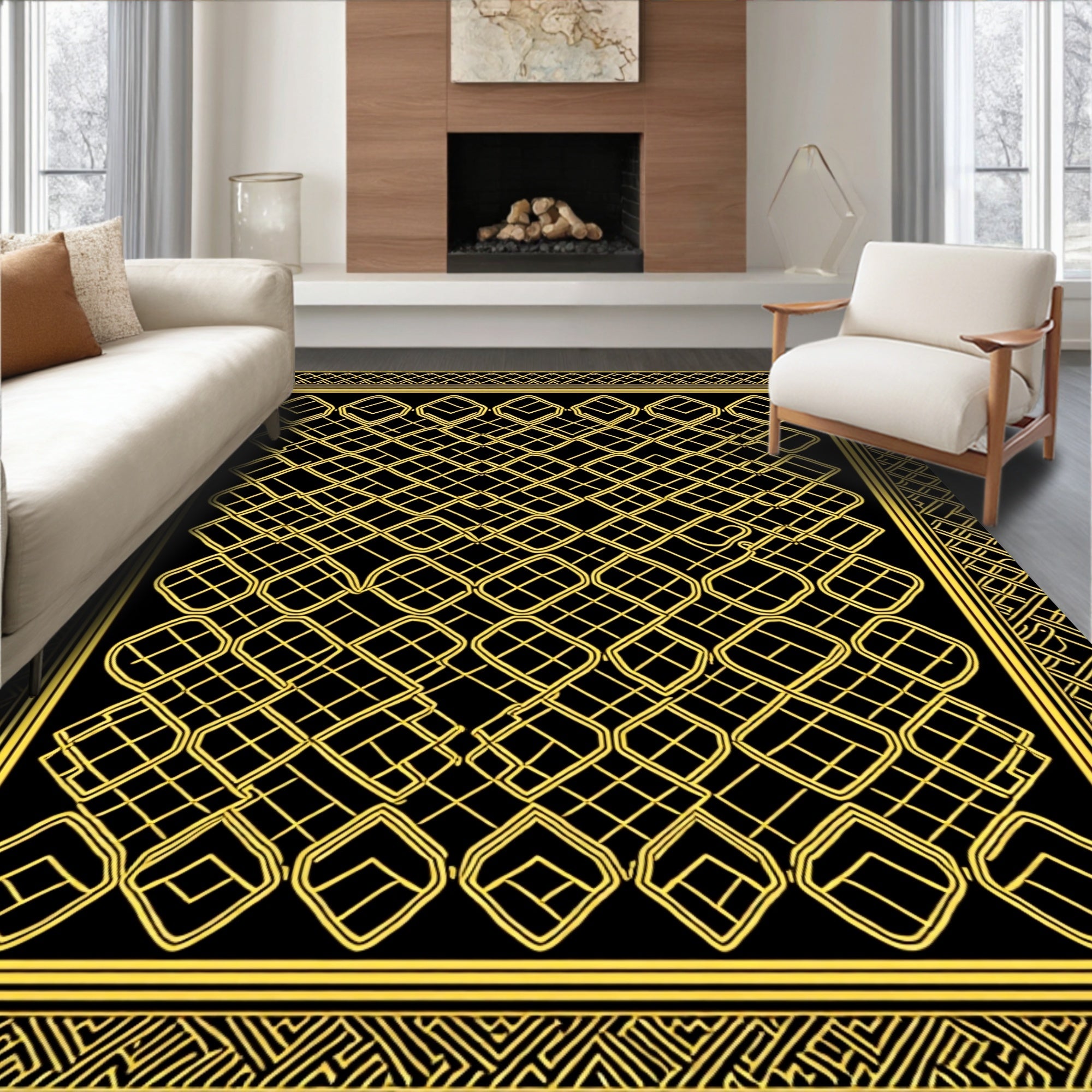Golden Yellow Interlocking Geometric Frame Rug