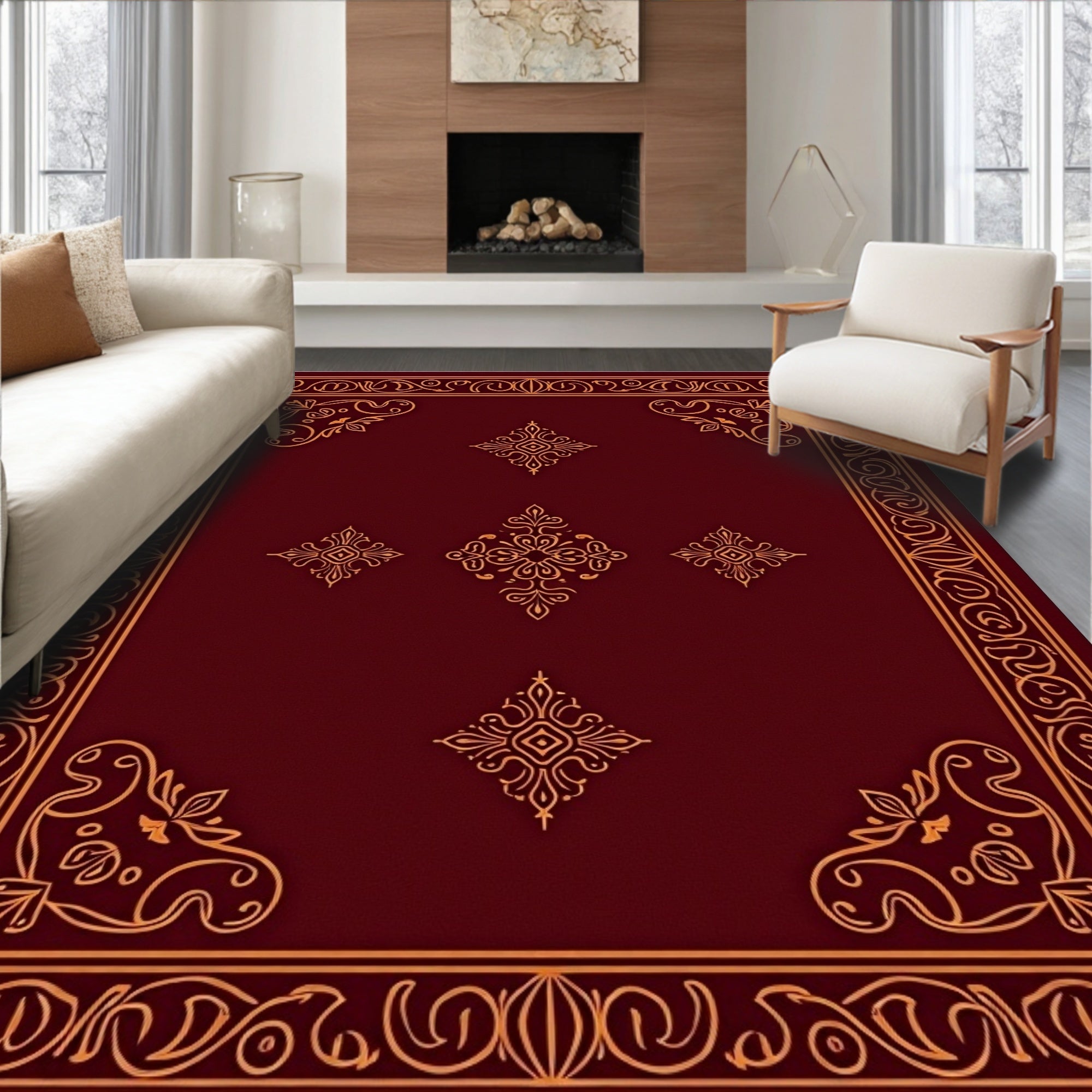 Deep Red Golden Ornamental Medallion Rug