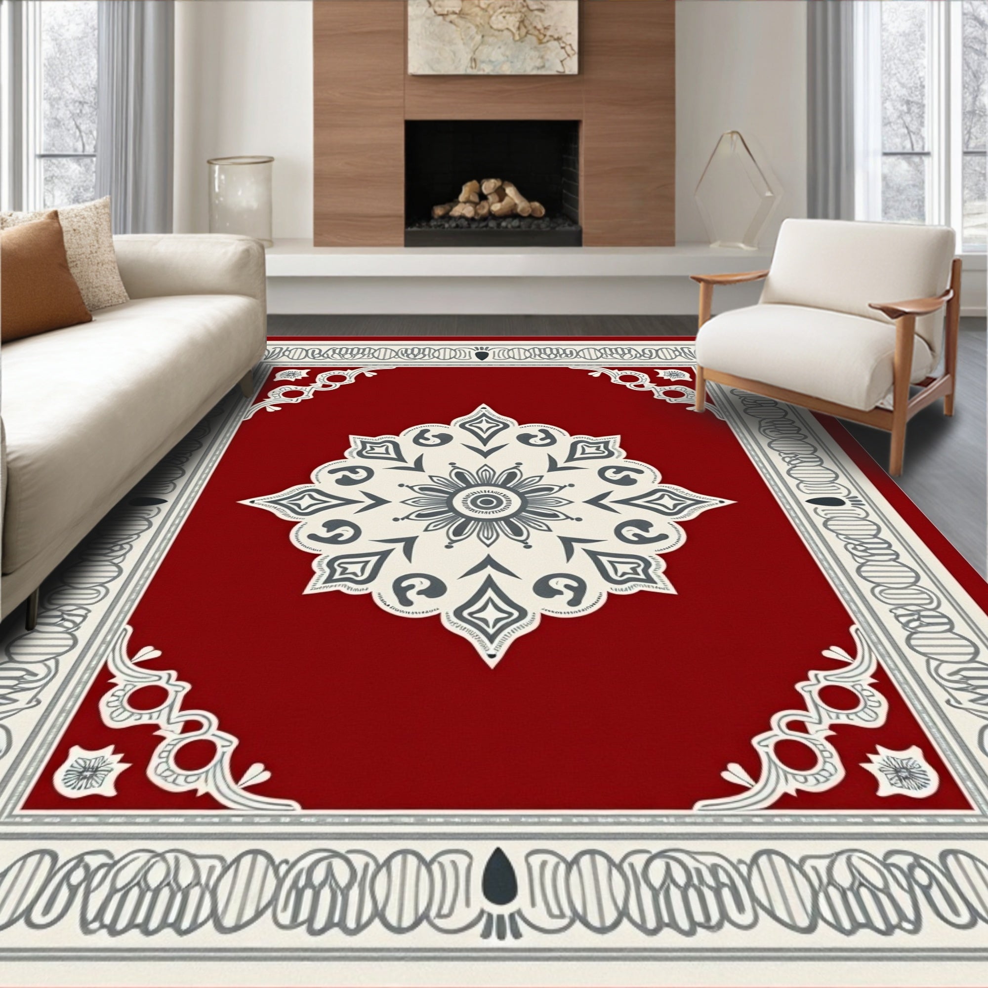 Rich Scarlet Antique Lotus Border Rug