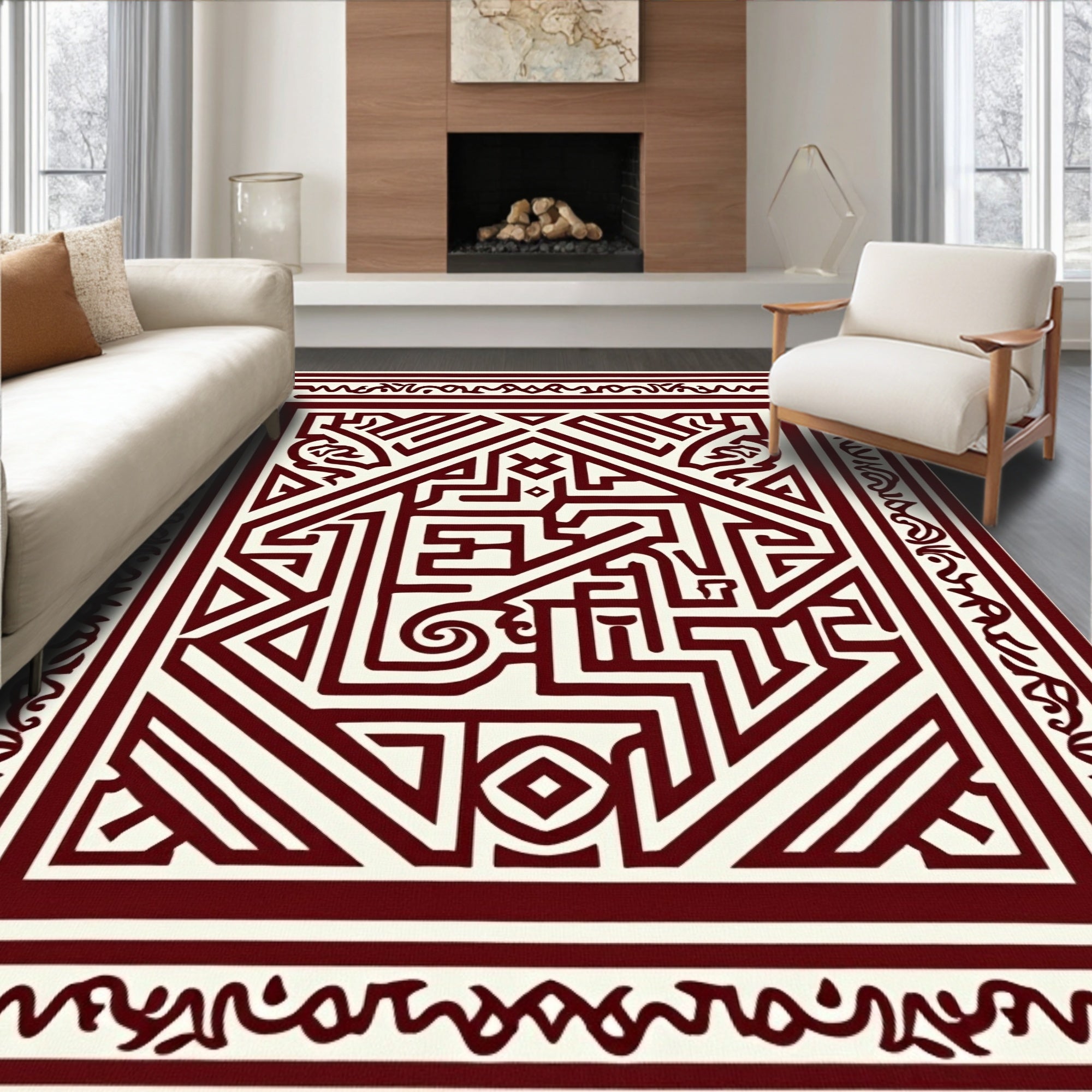 Crimson Ivory Geometric Labyrinth Rug