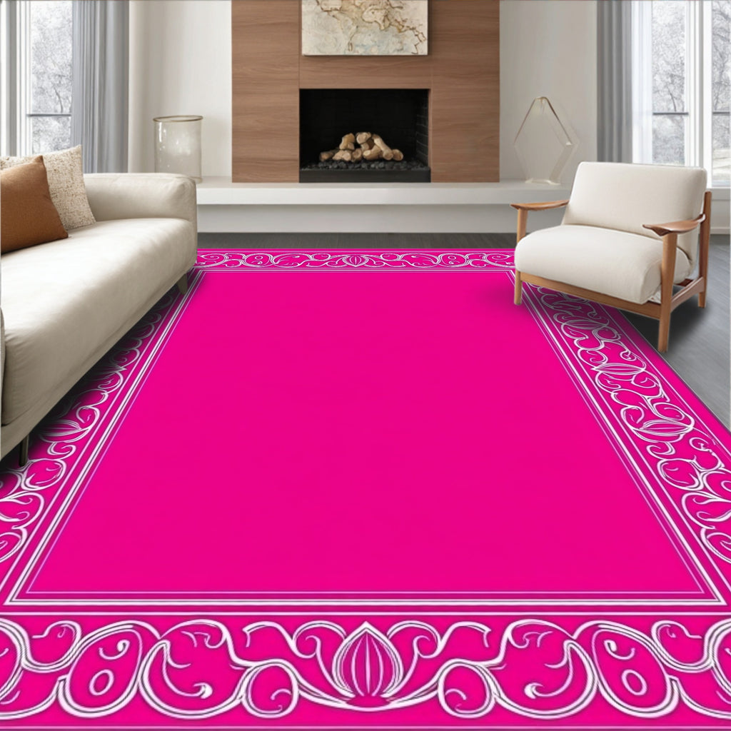 Elegant Pink White Floral Scroll Frame Rug