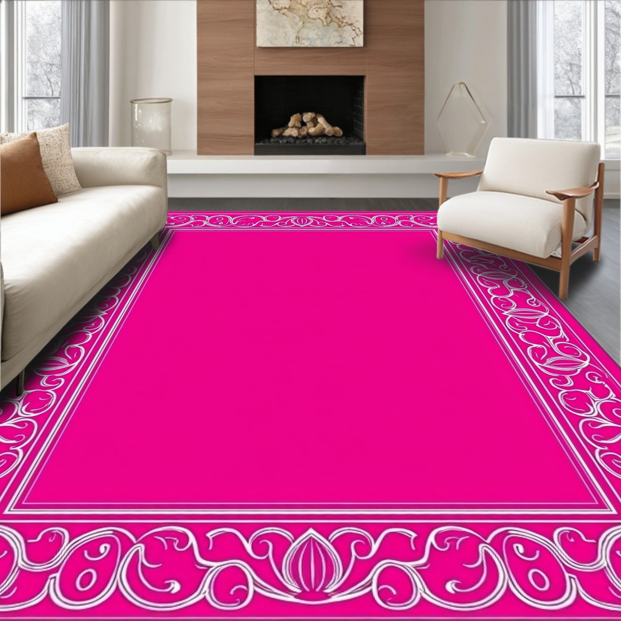 Elegant Pink White Floral Scroll Frame Rug