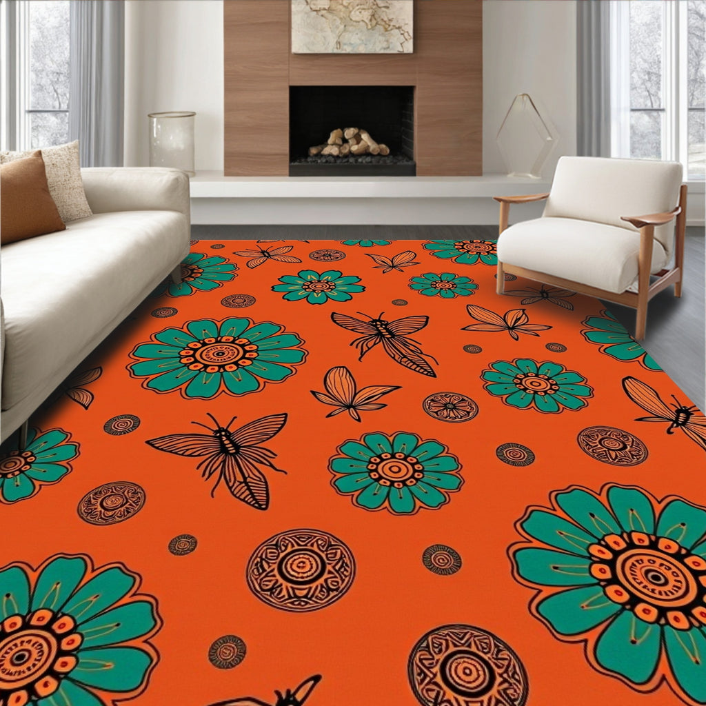 Orange Teal Floral Butterfly Medallion Rug