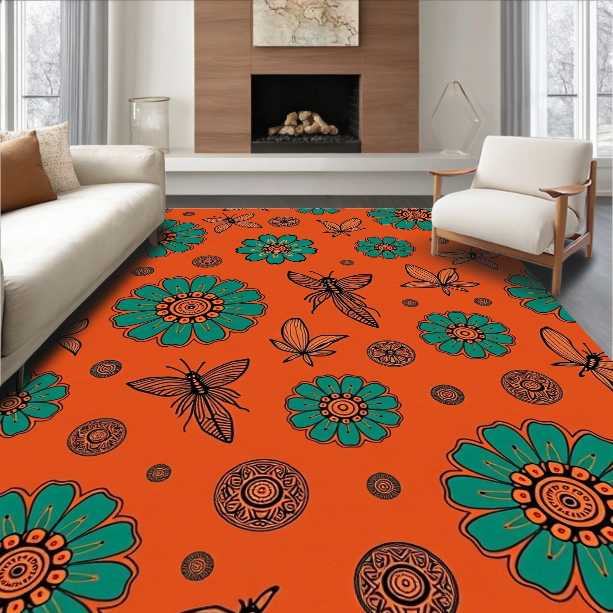 Orange Teal Floral Butterfly Medallion Rug