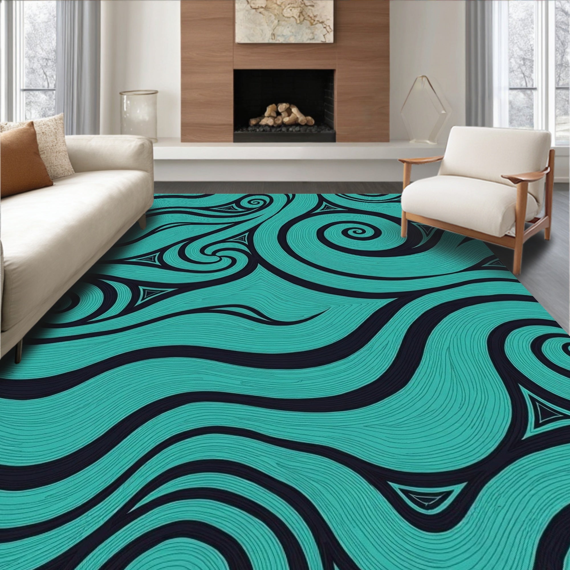 Teal Swirl Ocean Wave Rug