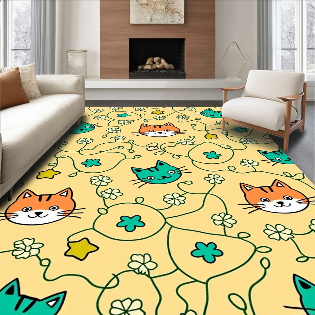 Whimsical Orange Teal Cat Floral Vine Rug