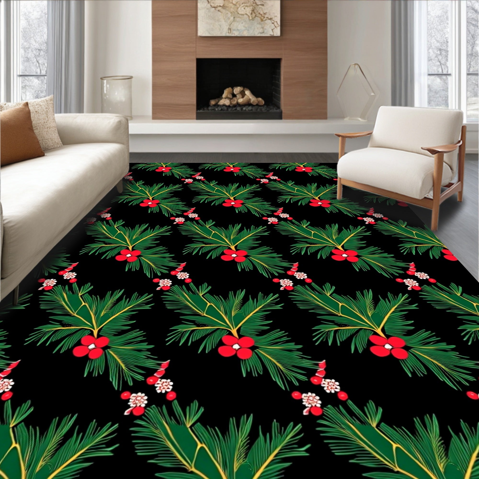 Evergreen Red Berry Garland Stripe Rug