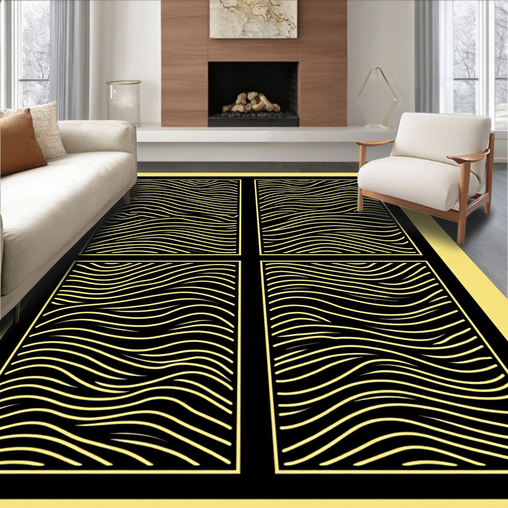 Modern Black Gold Wavy Grid Rug