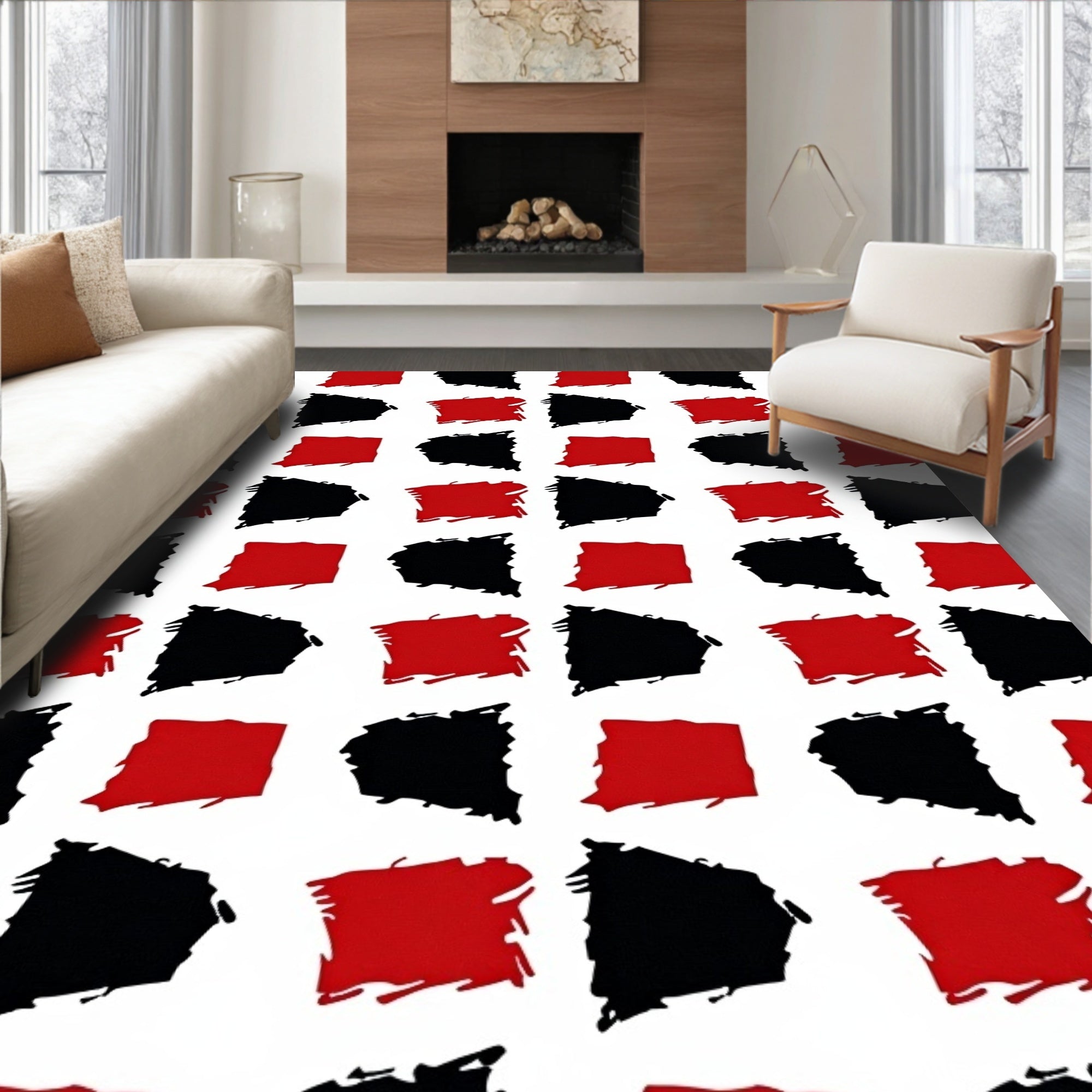 Bold Red Black Brushstroke Square Rug