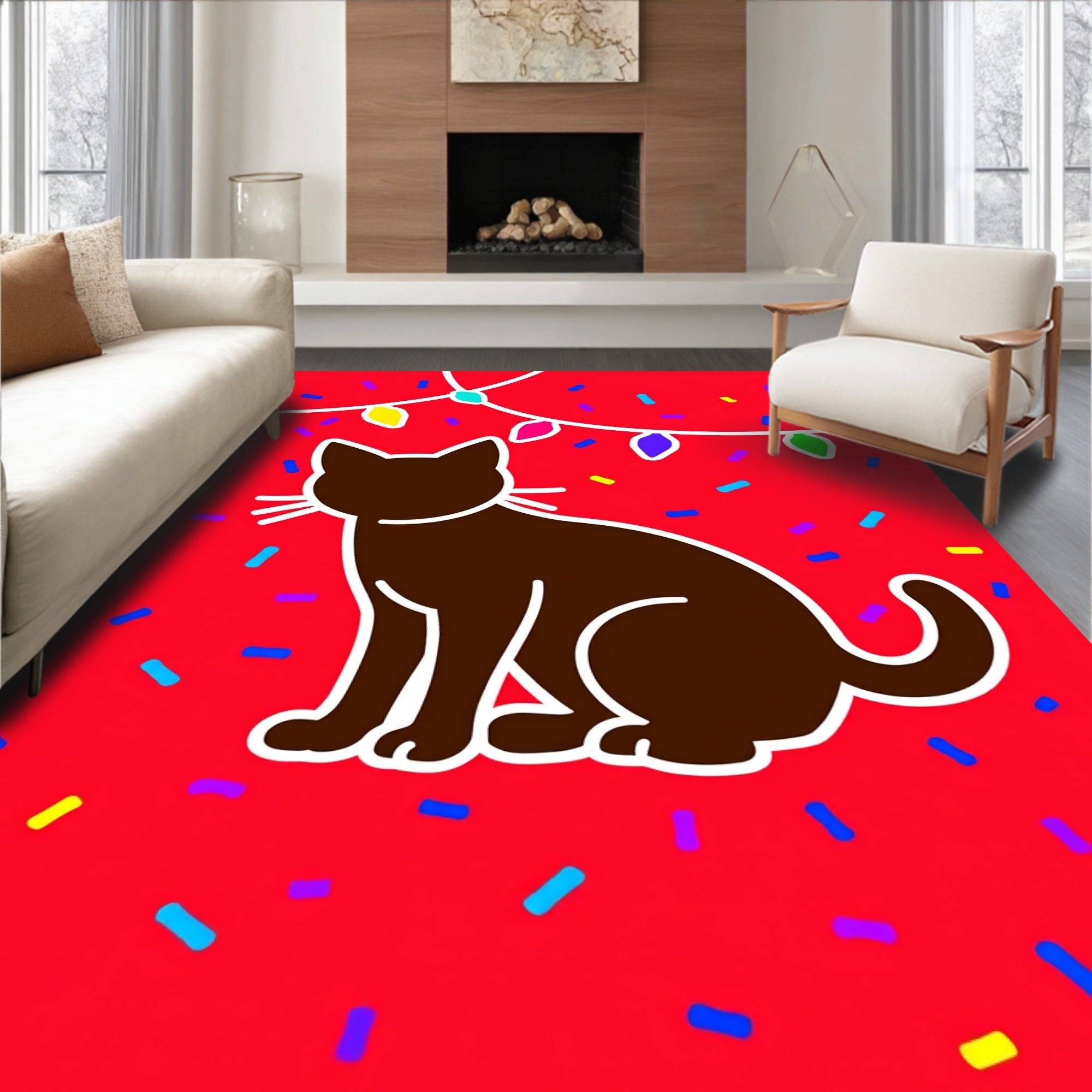 Brown Cat With Festive Colorful String Lights Rug