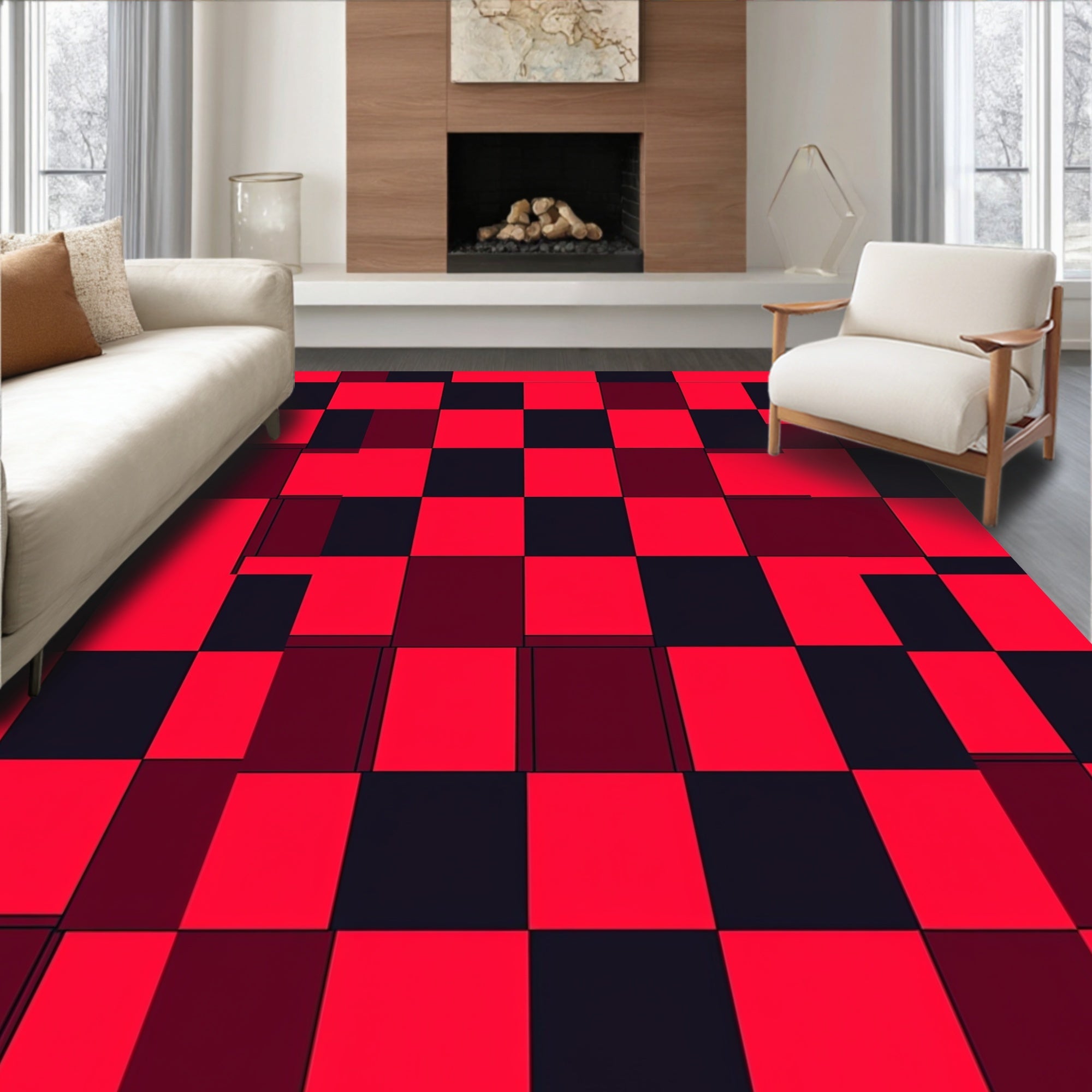 Vibrant Red And Black Checkered Squares Rug