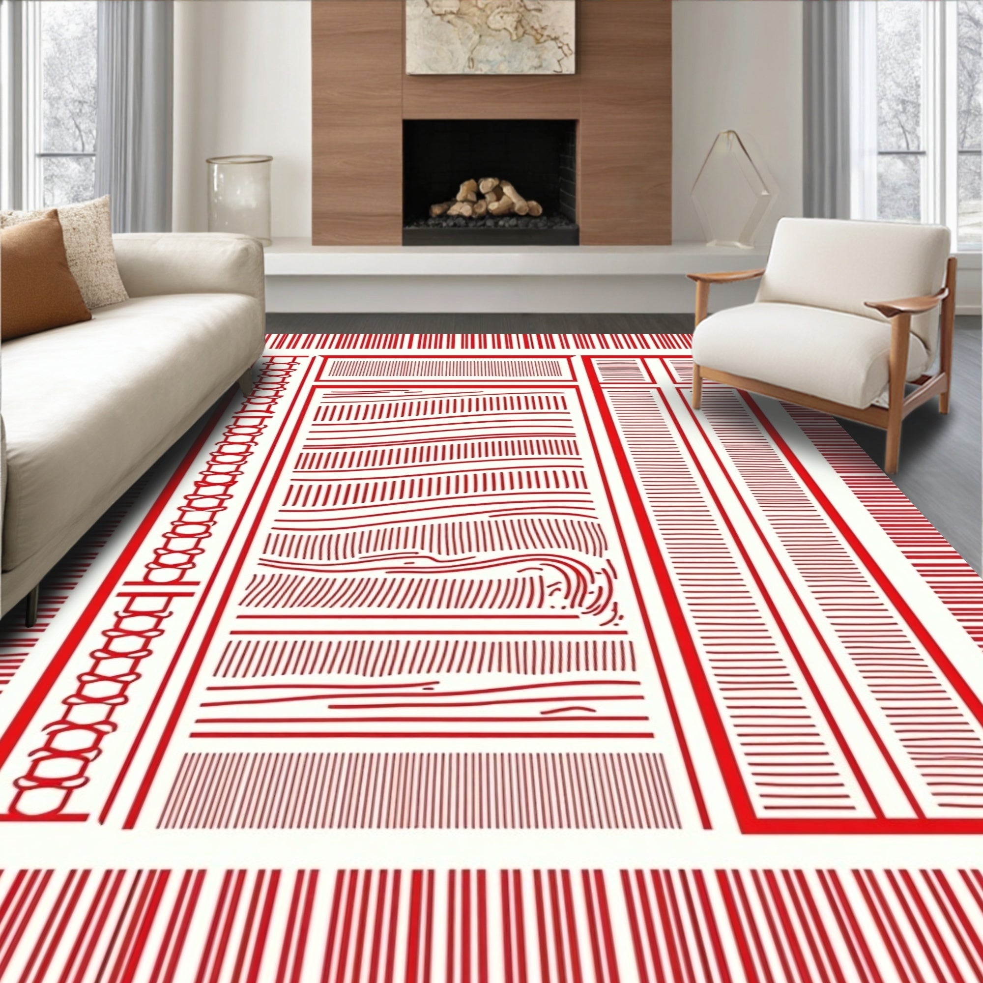 Crimson Textured Lines Composition Rug