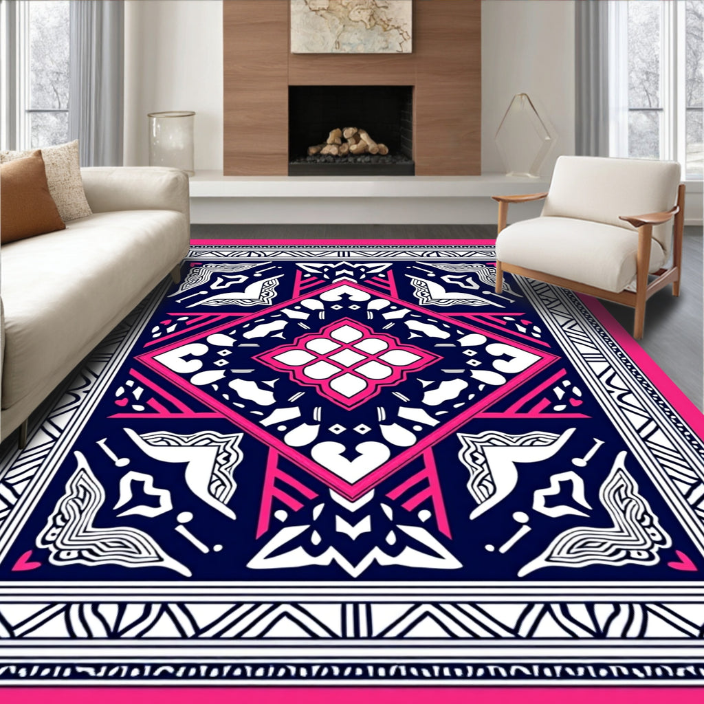 Vibrant Pink Navy Geometric Diamond Rug