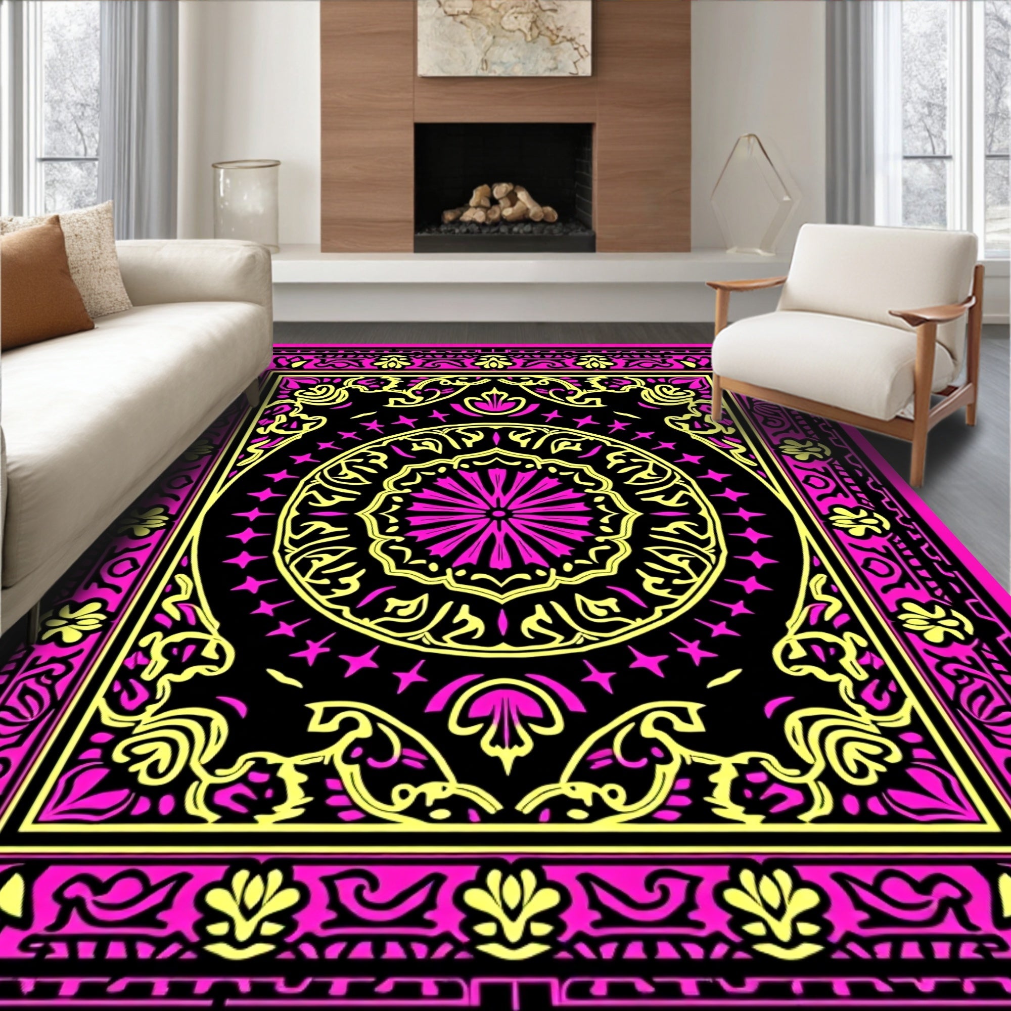 Vibrant Pink Golden Medallion Mandala Rug
